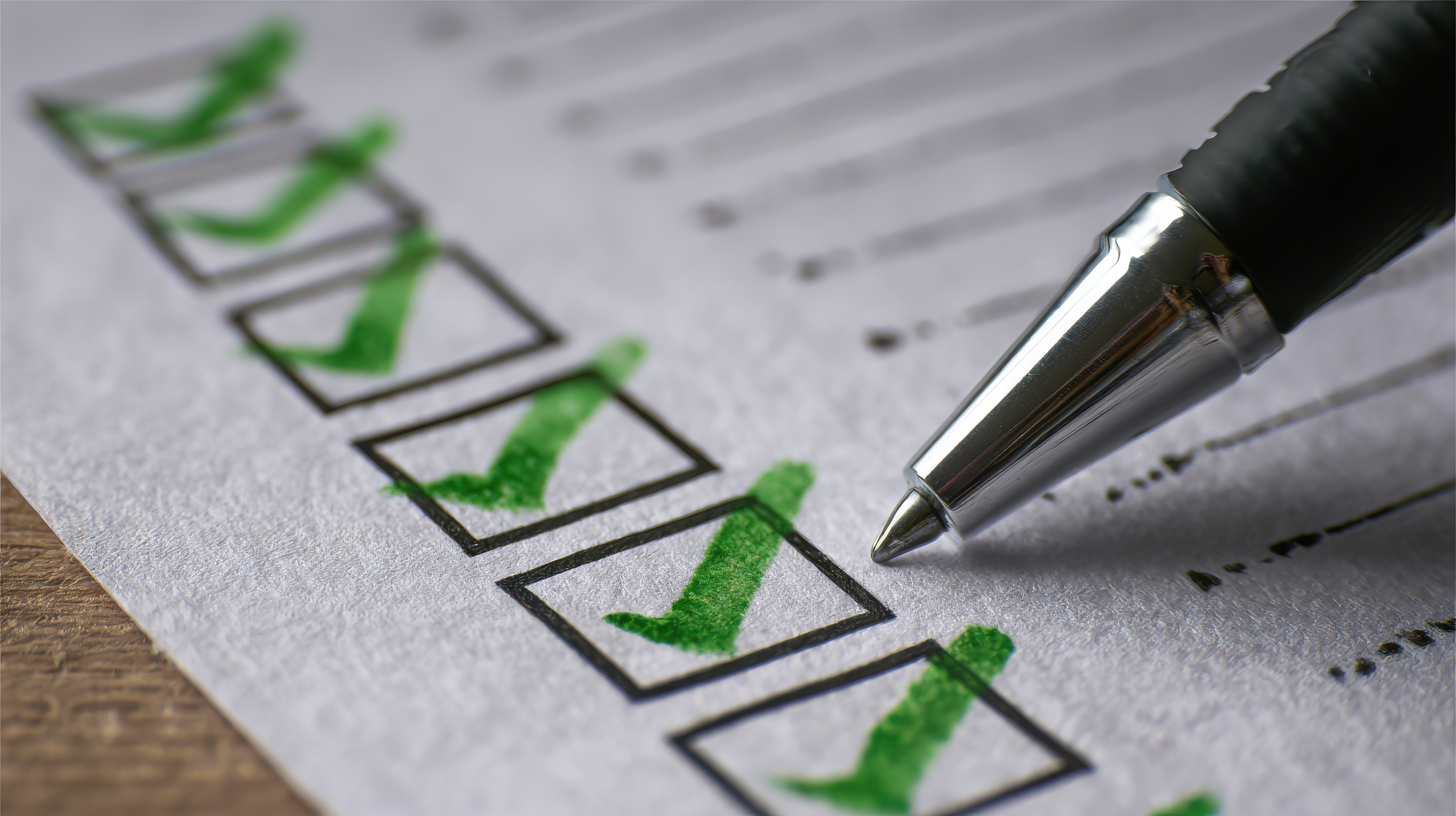 Checkliste mit grünen Hakerl und Kugelschreiber