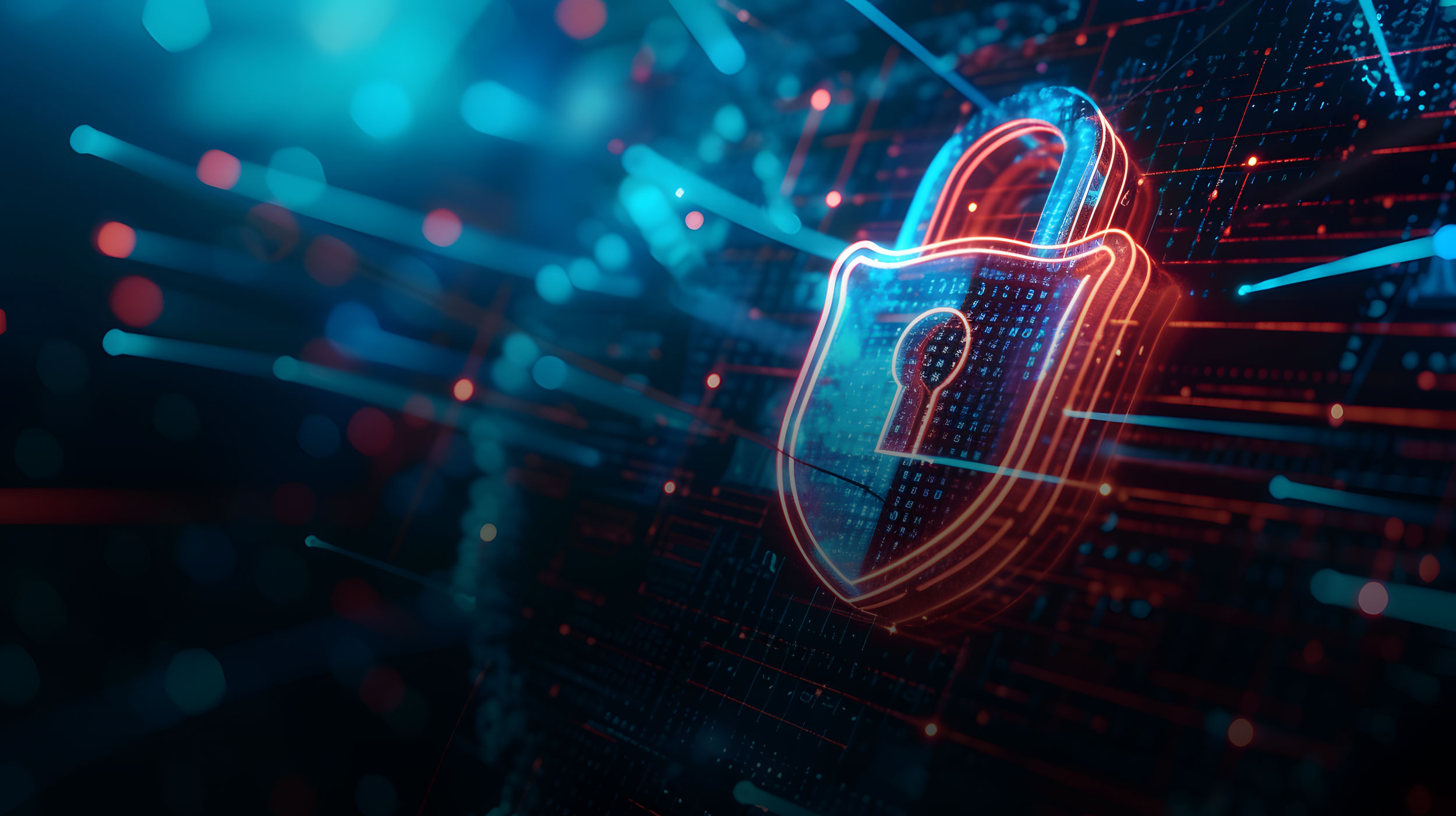 Rotblaues Datenschutz Schloss in futuristischer Cyber-Umgebung