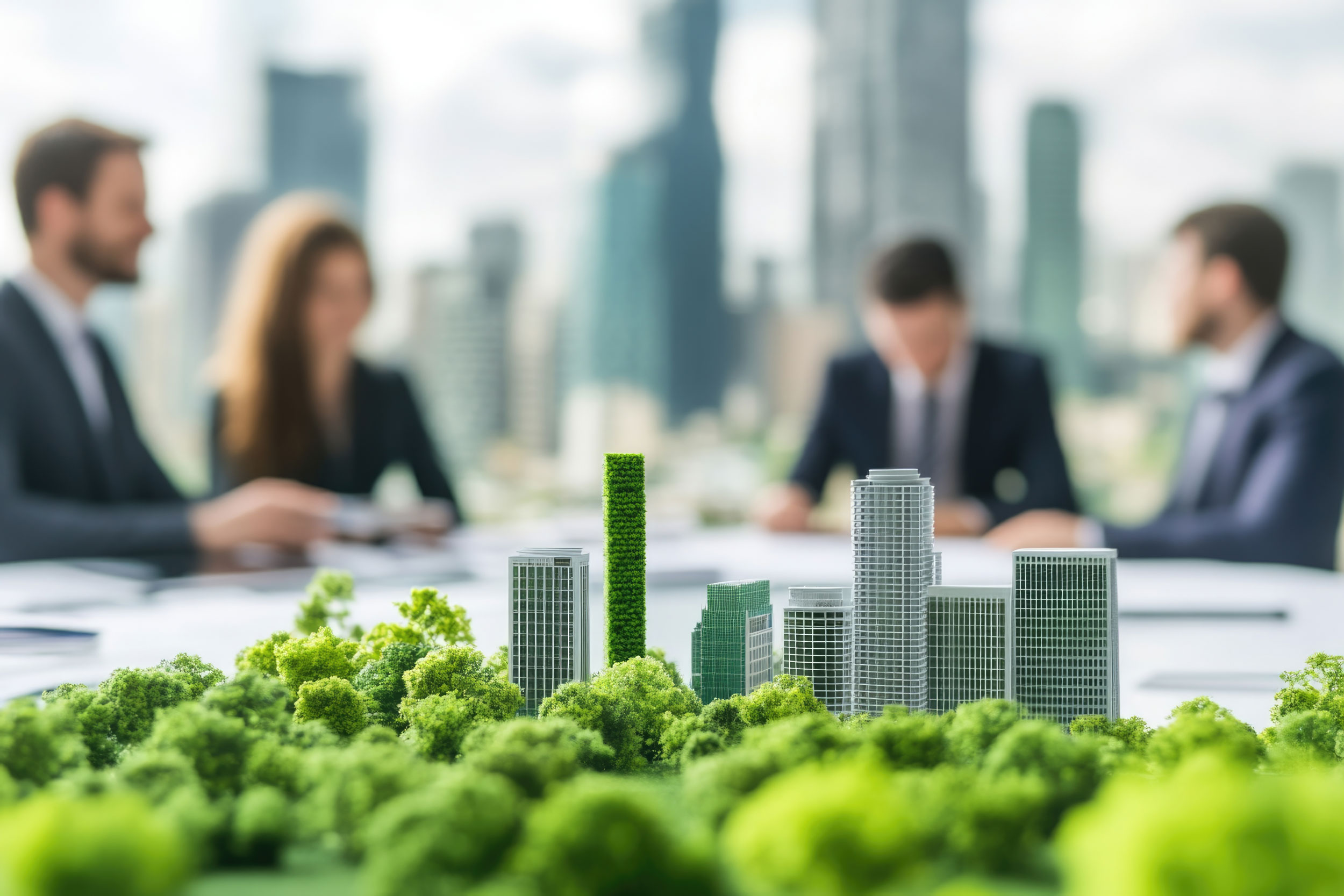 Miniatur-Stadtmodell mit Hochhäusern, eines davon grün bepflanzt, umgeben von viel Vegetation. Im unscharfen Hintergrund sitzen vier Personen in einem Meeting in einem modernen Büro.