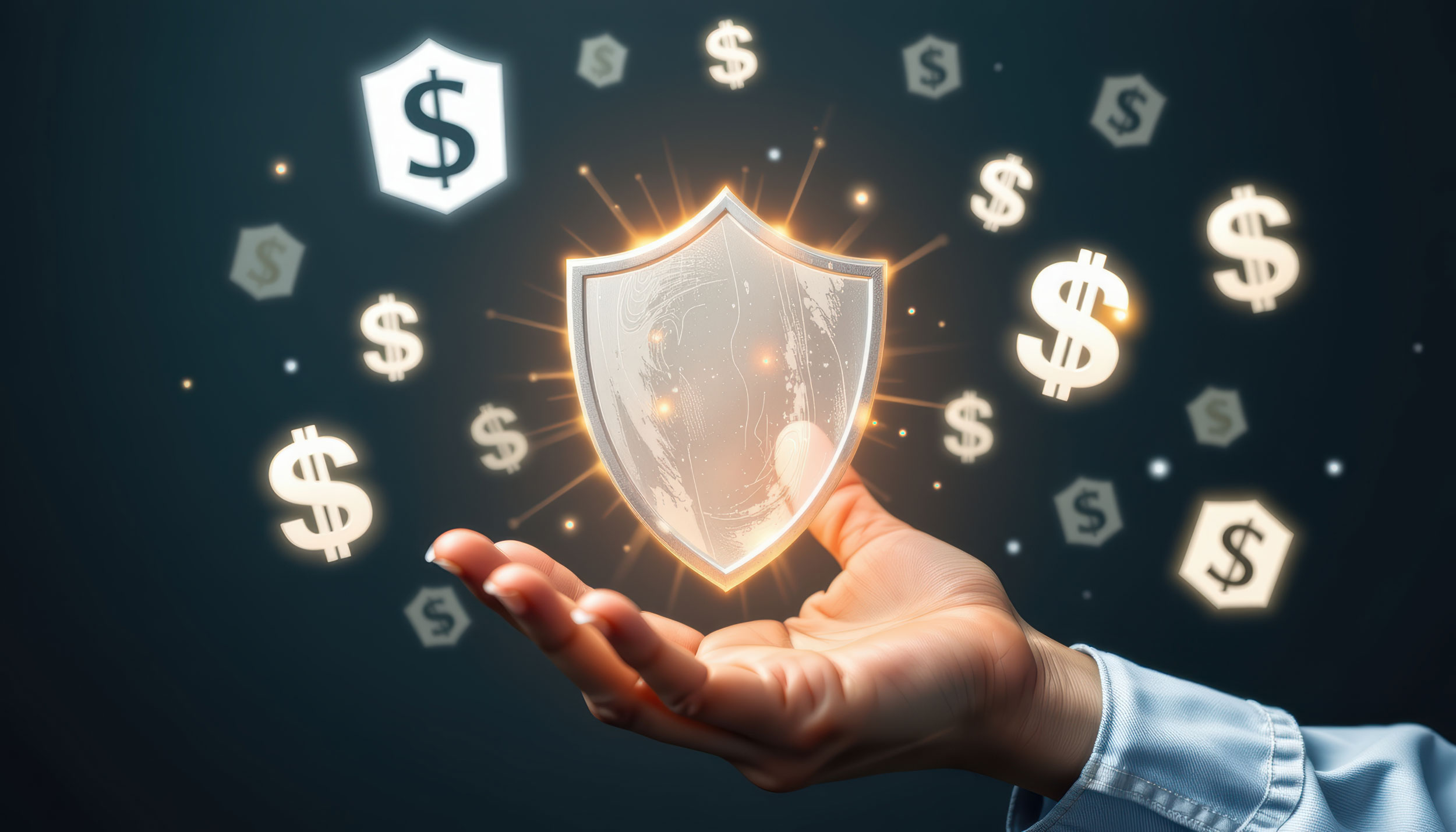 Über einer Hand schwebt ein Datenschutzsymbol und rundherum befinden sich Dollar-Zeichen. 