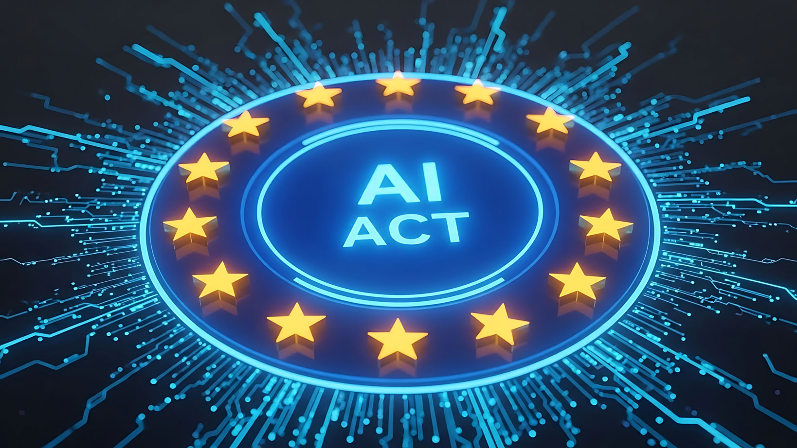 in einem Kreis steht in der Mitte AI Act und rundherum sind EU-Sterne