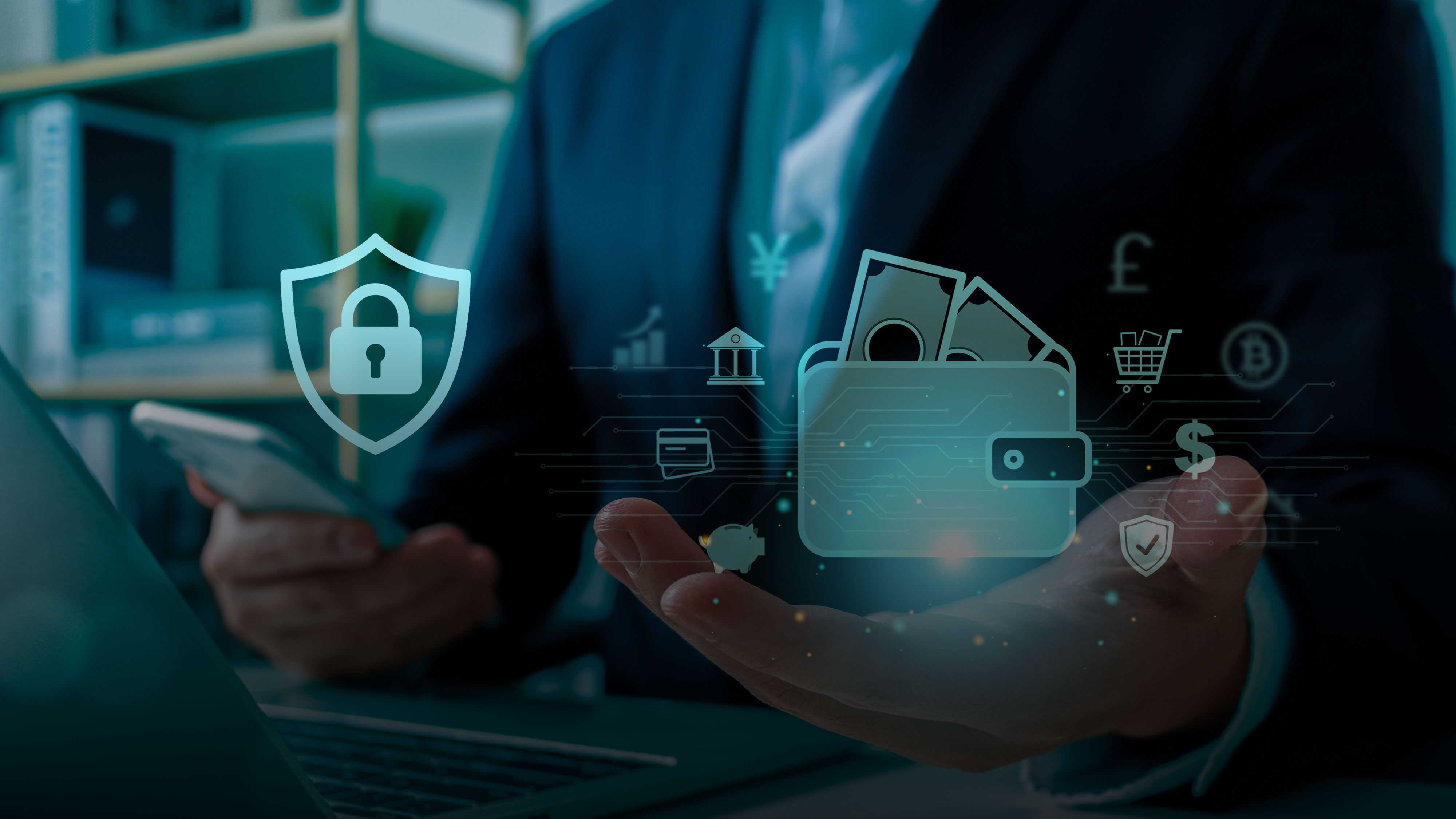 Mann sitzt mit digitaler Geldbörse und Security-Symbol vor Laptop