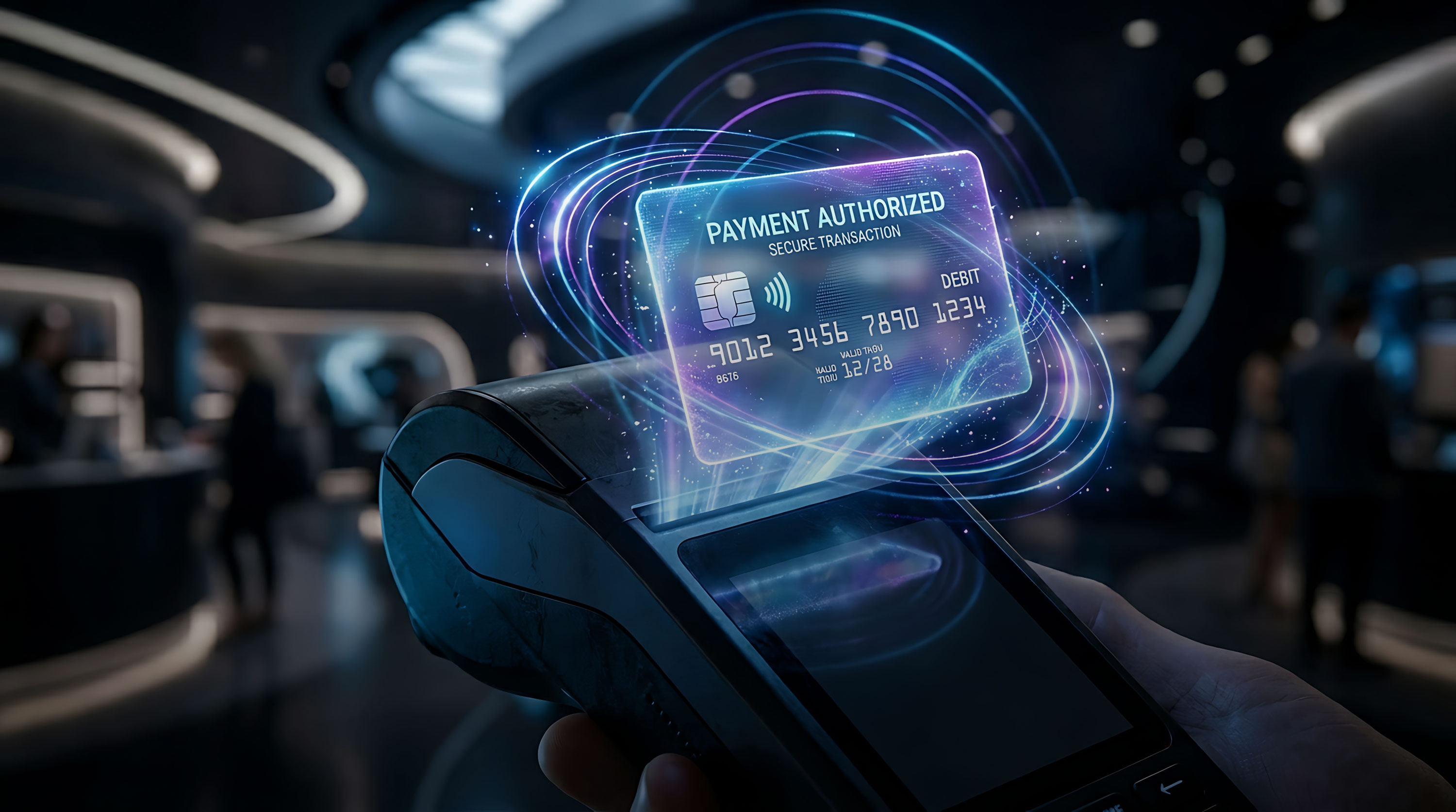 Bezahlungsterminal mit futuristischer digitaler Kreditkarte