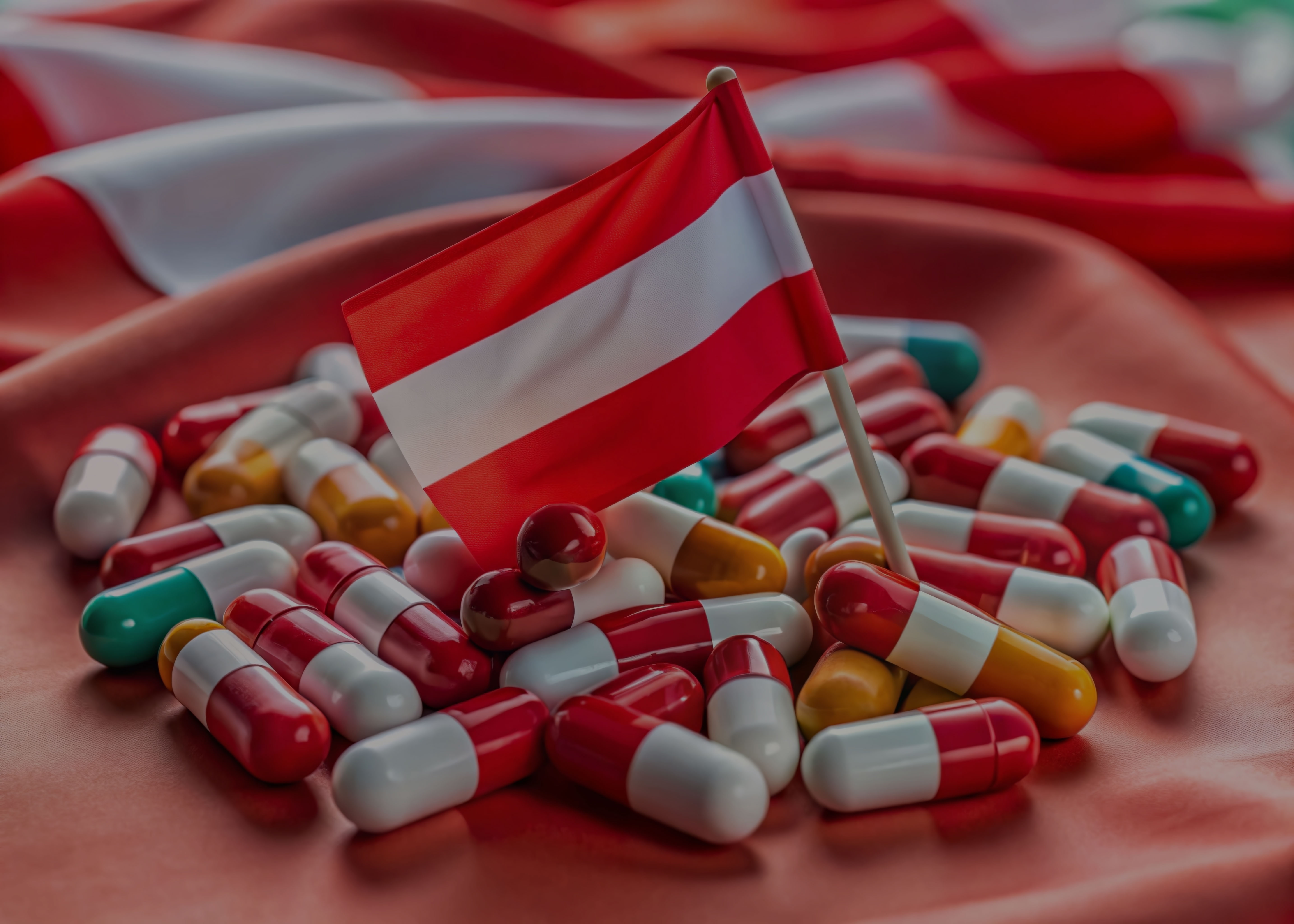 Auf einem roten Tuch liegen viele Pillen und in der Mitte befindet sich eine österreichische Flagge.