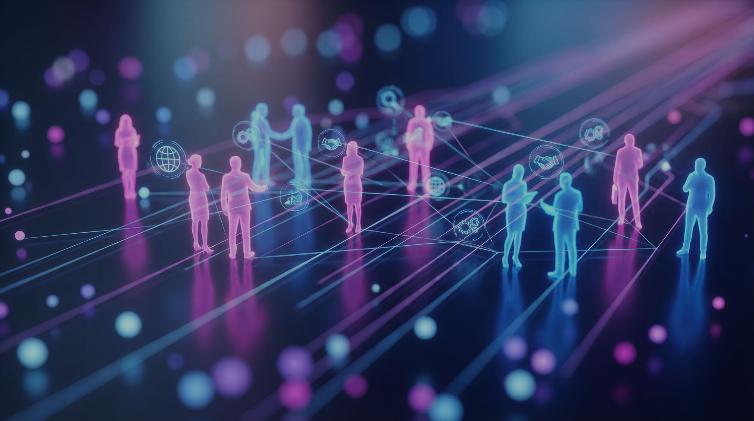 Digital dargestellte Menschen sprechen in zweiergruppen miteinander. Darüber sieht man Icons zum Thema Kommunikation.