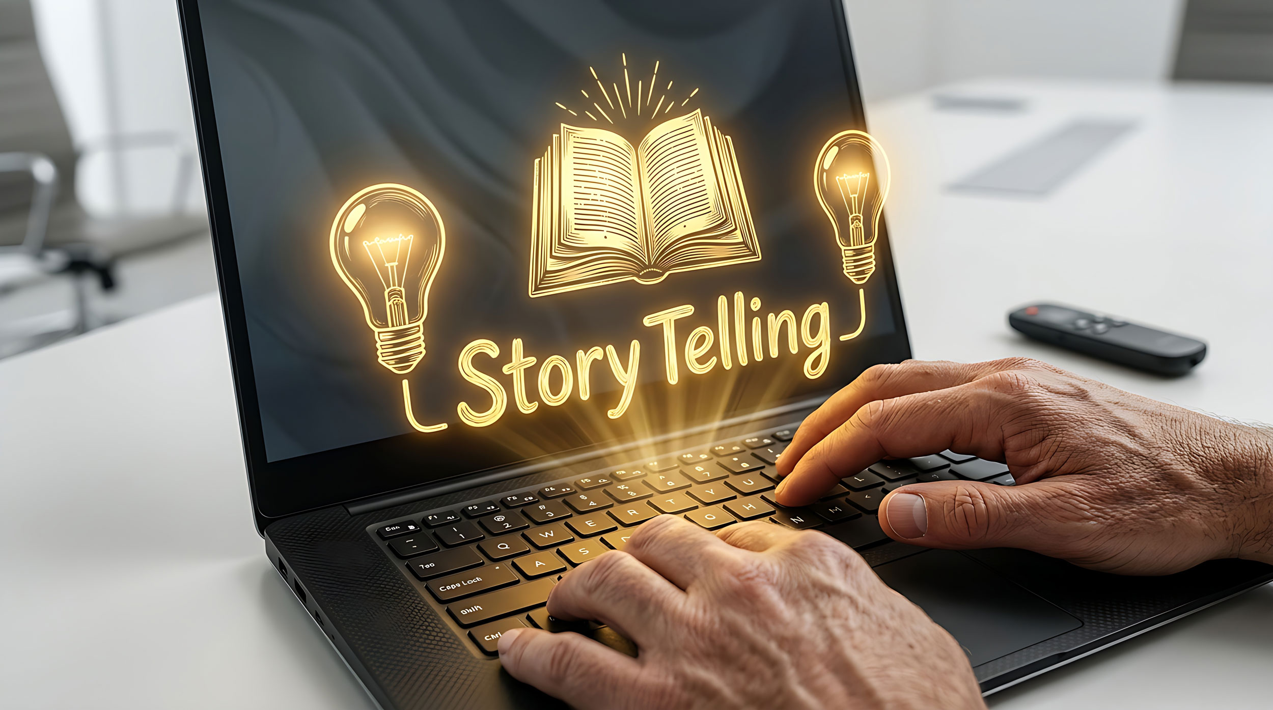 Hände tippen am Laptop. Über der Tastatur sieht man ein Hologramm mit einem Buch, 2 Glühbirnen und dem Wort Storytelling.