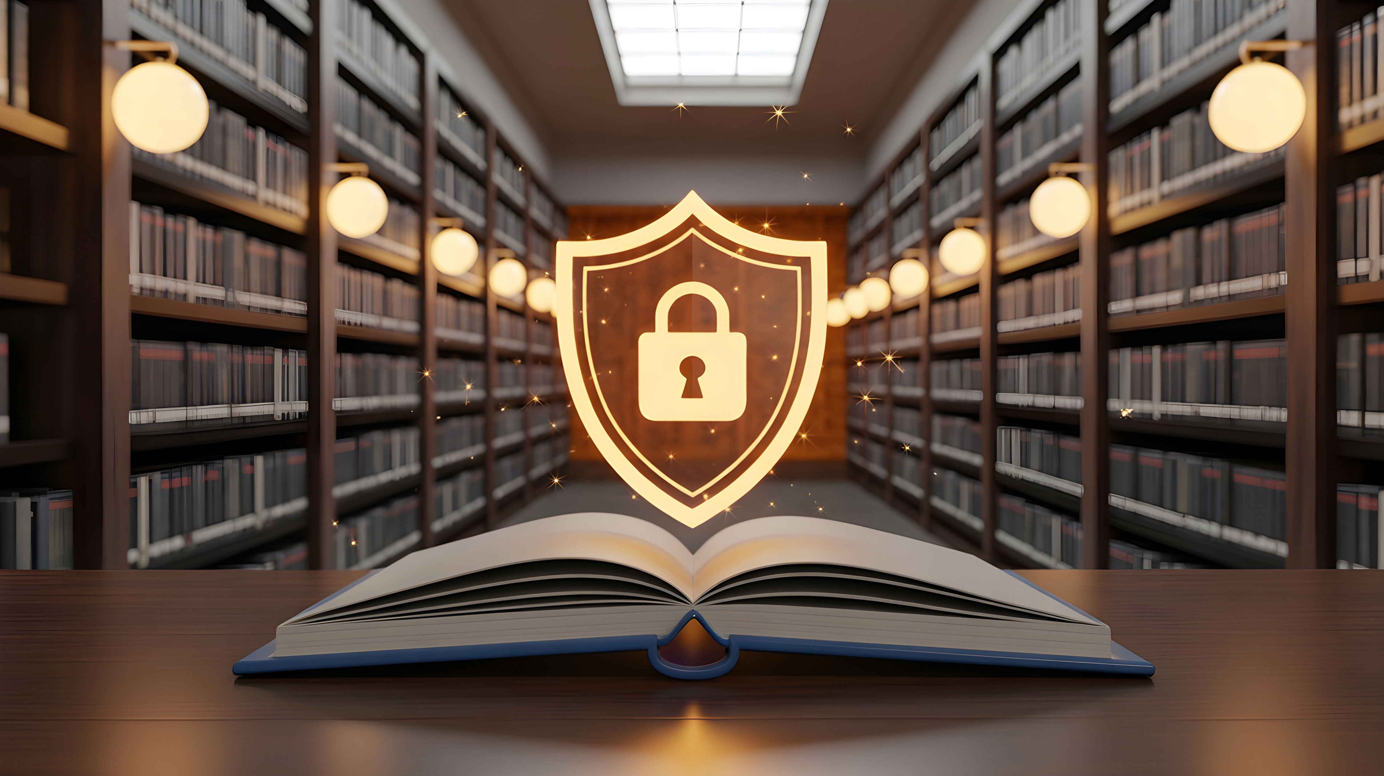 Offenes Buch mit Schloss als Datenschutz Symbol in einer Bibliothek 