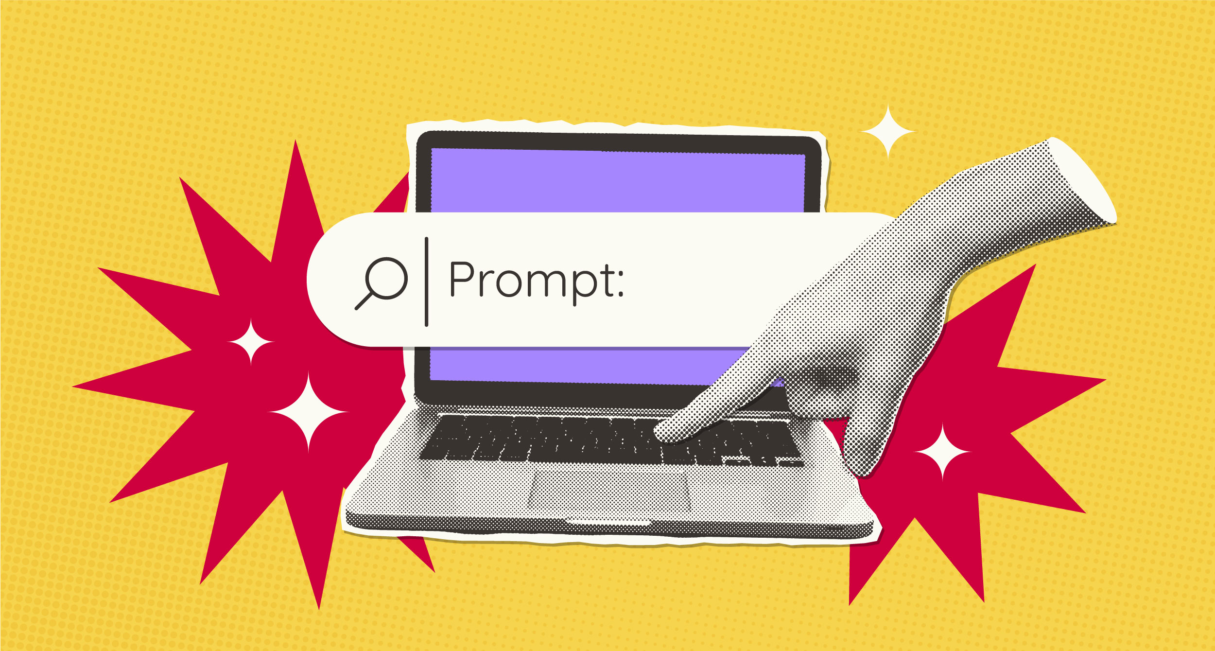 Das illustrative Bild zeigt eine Menschenhand, die auf einen Laptop tippt. Darüber befindet sich eine Suchfunktion mit dem Wort "Prompt".  