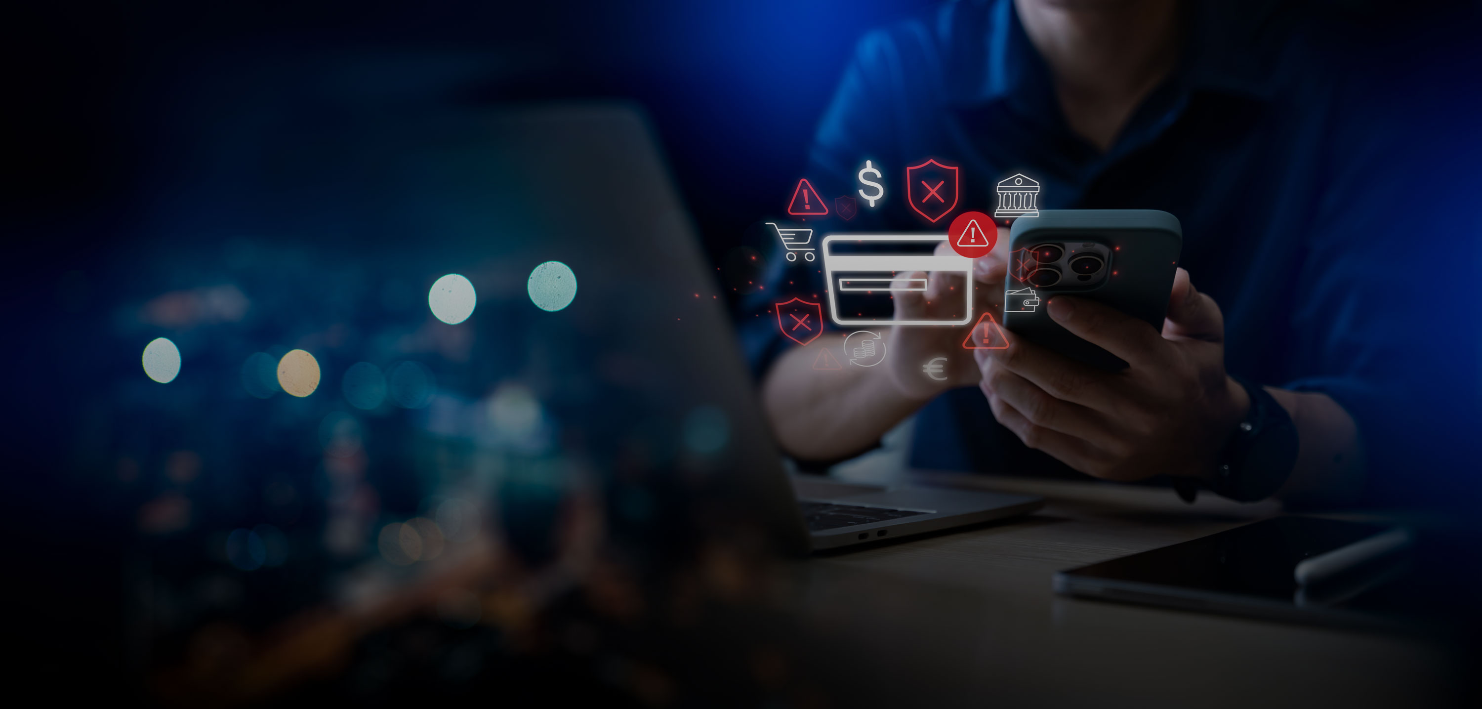 Person bezahlt digital mit einem Smartphone vor einem Laptop, umgeben von Icons mit Warnungen