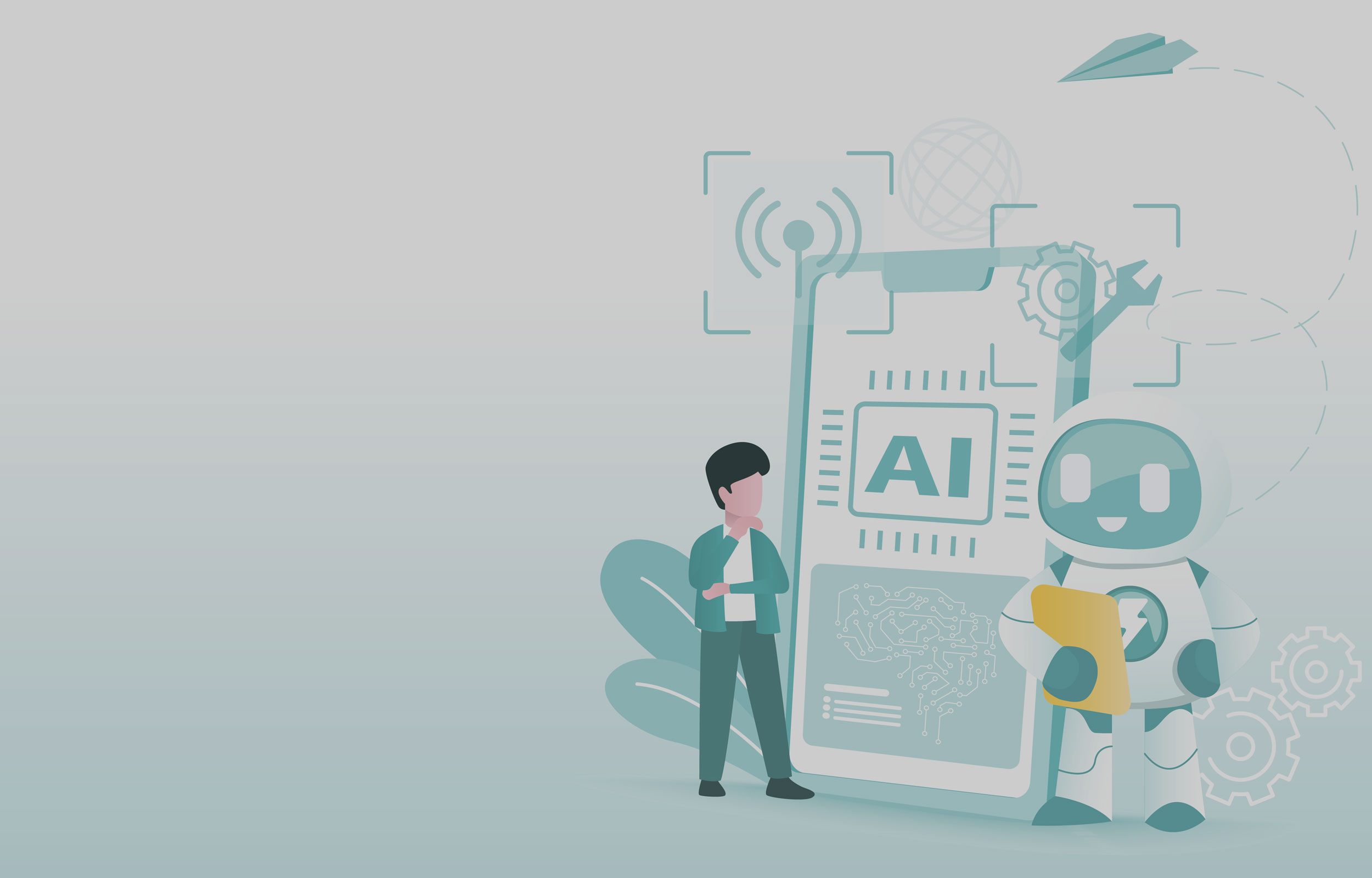Ein Mensch und ein Roboter stehen neben einem Bildschirm auf dem AI Symbole abgebildet werden.