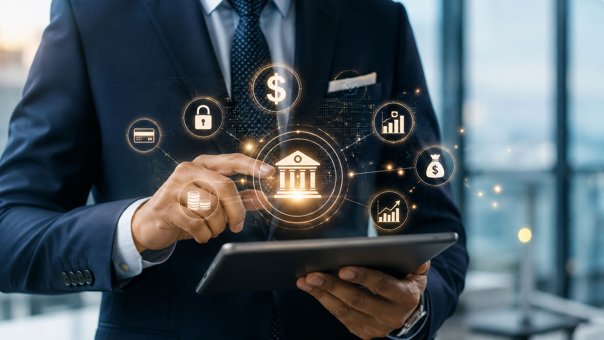 Ein Mann im Business-Anzug bedient ein Tablet, während eingeblendete Symbole für Bank, Zahlung, Sicherheit und Finanzdaten eine digitale Banking- oder Finanzdienstleistungsanwendung veranschaulichen.