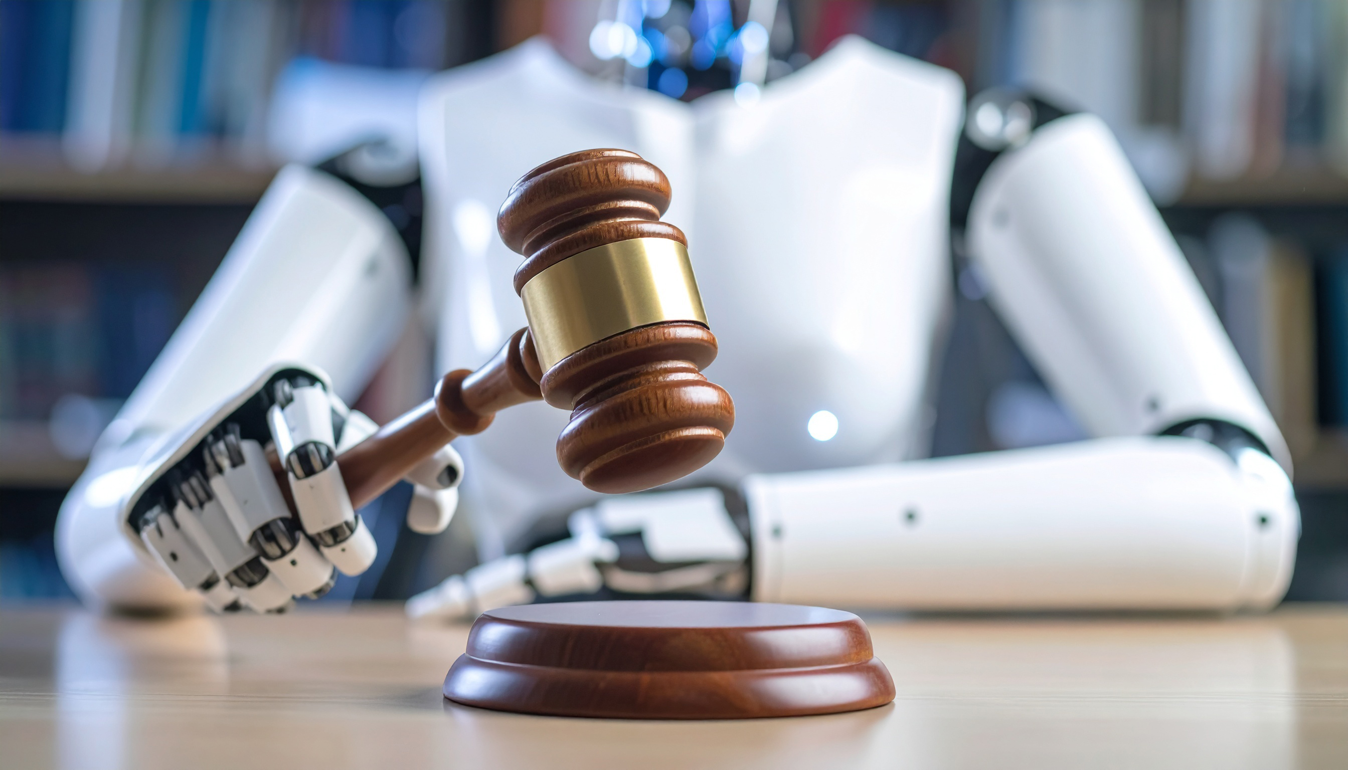 Ein Roboter hält einen klopft mit einem Richterhammer in der Hand