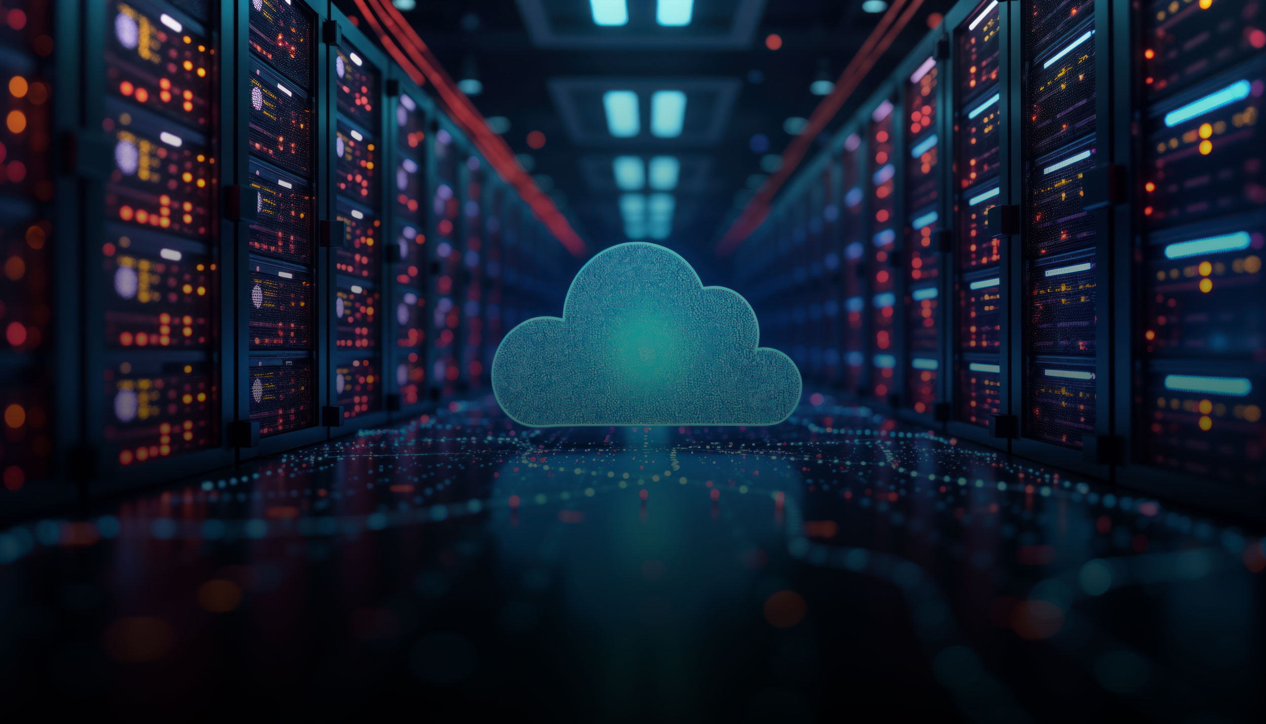 Serverraum mit einer Wolke in der Mitte
