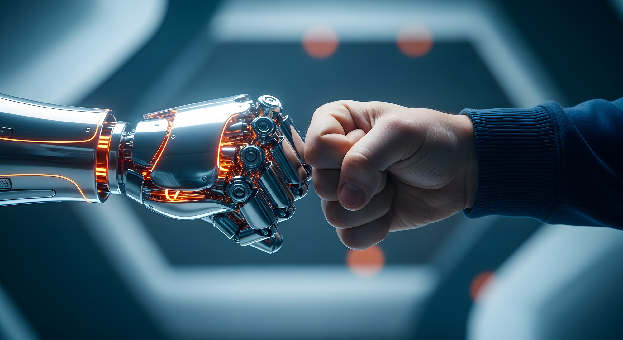 Eine menschliche Hand gibt einer Roboterhand einen Faustgruß.