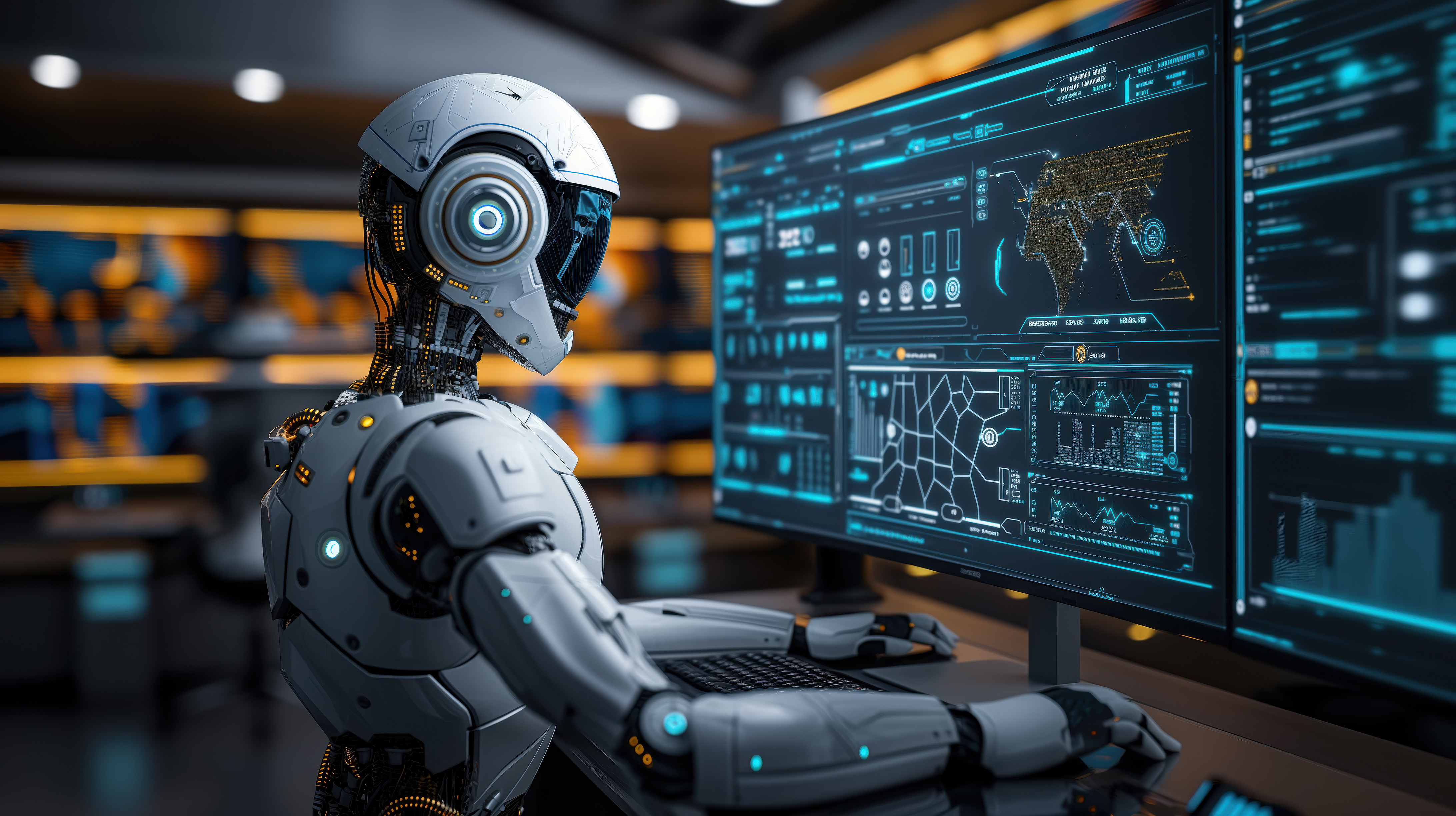 Roboter sitzt vor einem Computerbildschirm. Vor ihm eine Tastatur.