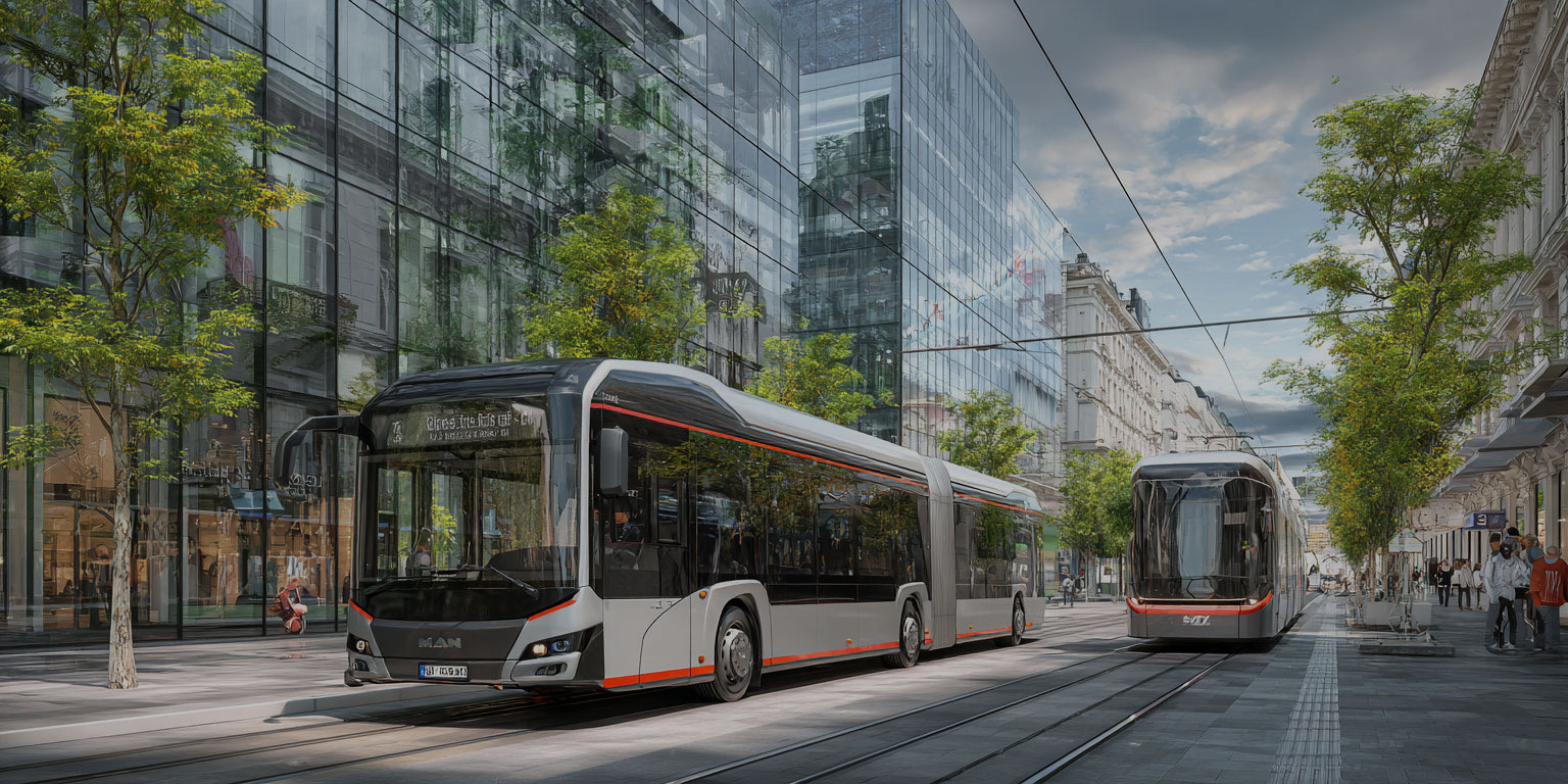 Ein Bus und eine Straßenbahn fahren auf einer Straße in der Stadt.