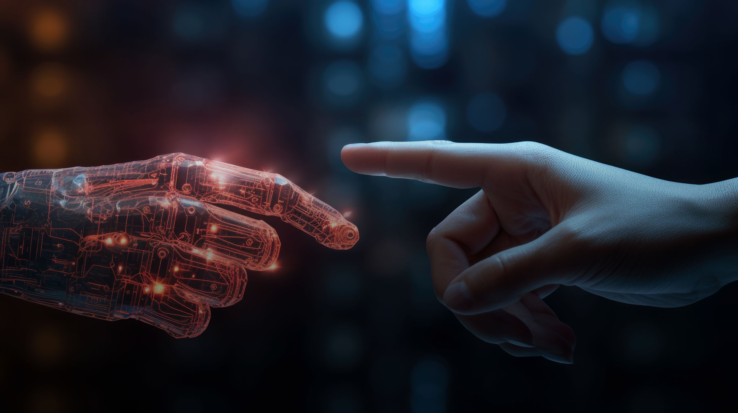 Eine menschliche Hand und die Hand eines Roboters, die Zeigefinger berühren sich fast. Symbol für die Zusammenarbeit von Mensch und künstlicher Intelligenz.