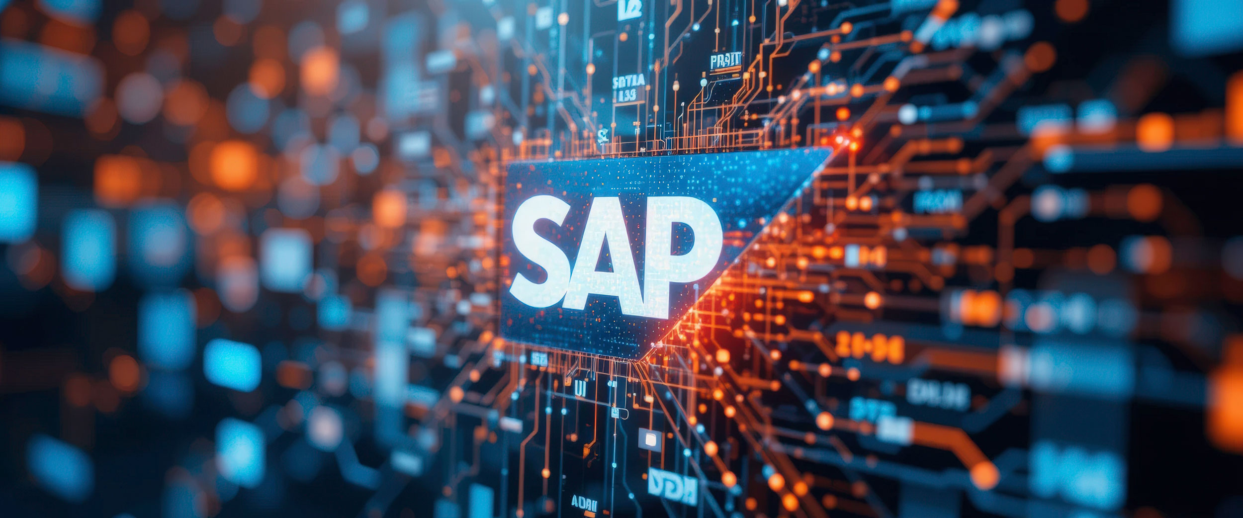 In der Mitte vom einem blau, orangenen Hintergrund steht der Schriftzug SAP.