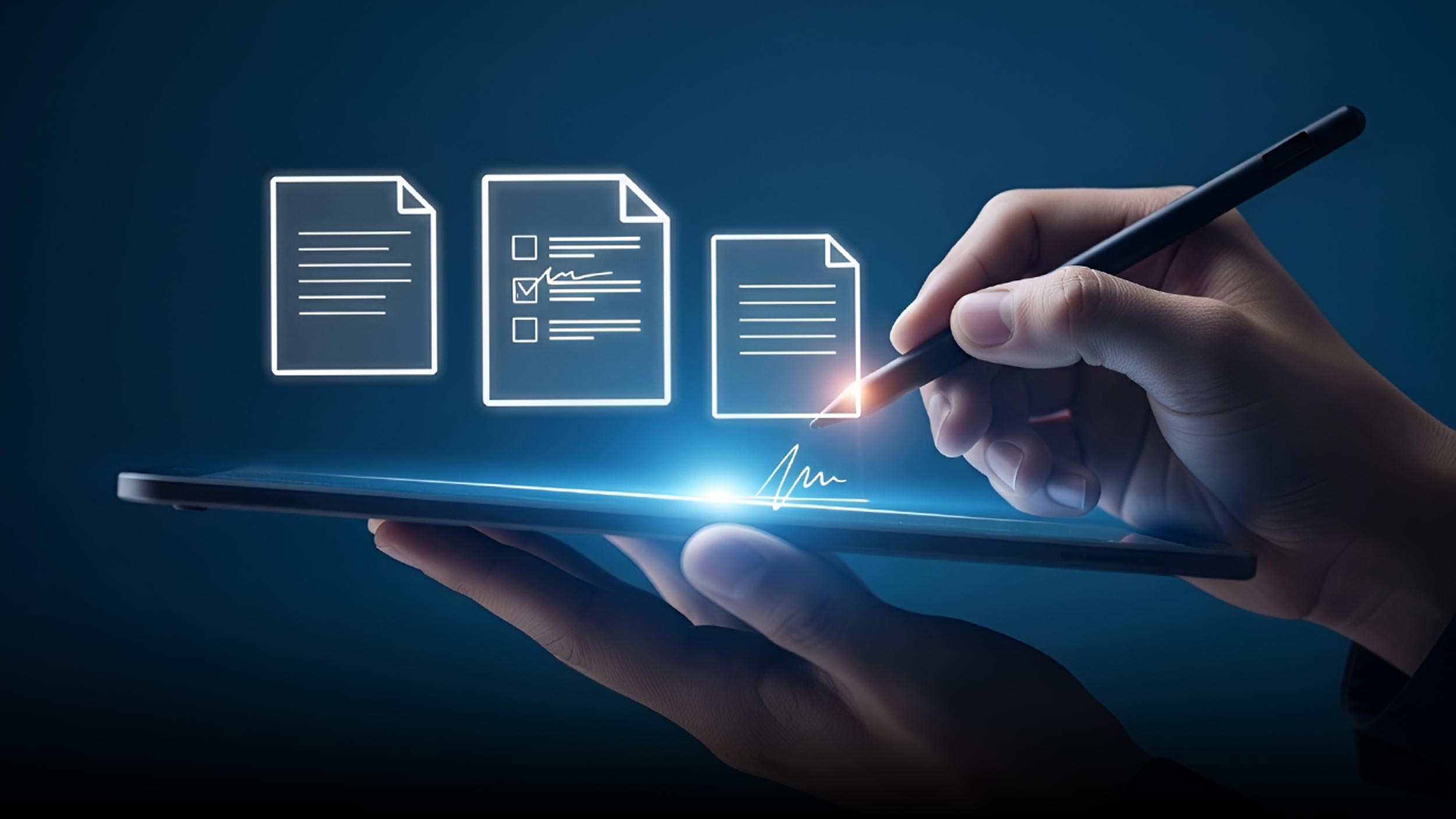 Man sieht ein Tablet und eine Hand, welche einen Stift hält, über dem Tablet sind leuchtende Symbole für Verträge, und eine Signatur 