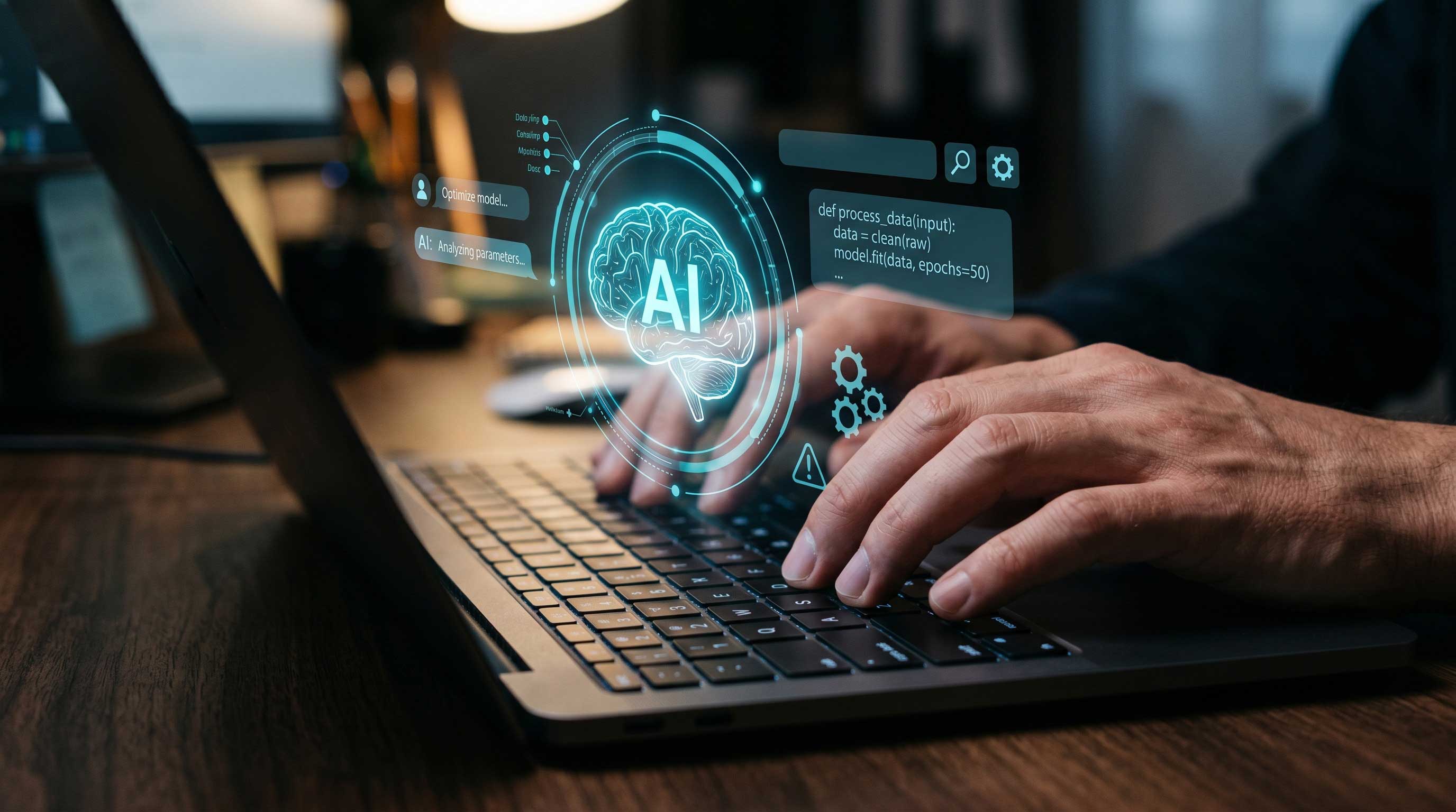 Über einer Tastatur schwebt ein AI Icon.