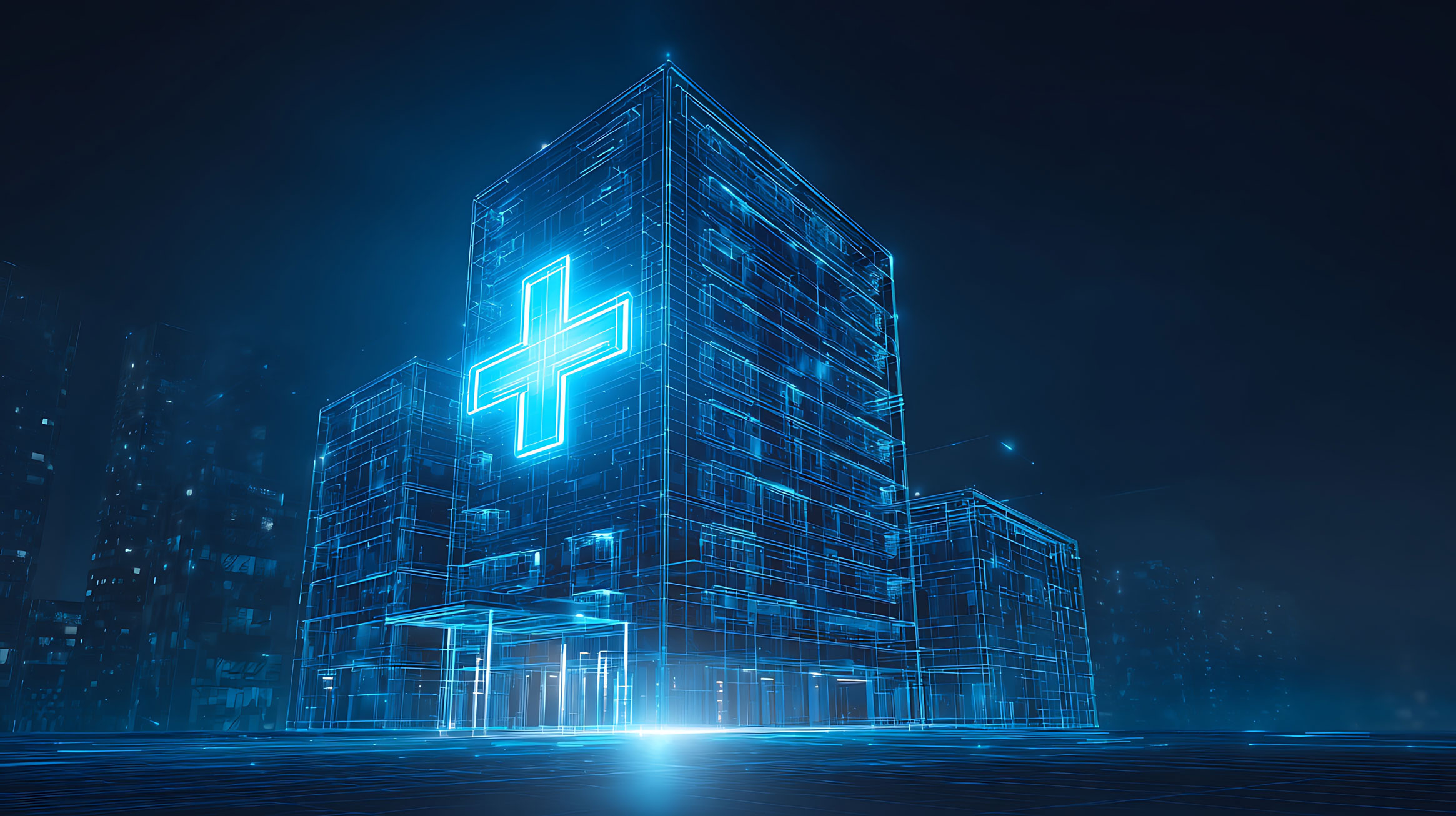 Eine blaue Krankenhaus-Outline mit einem leuchtenden Kreuz über dem Eingang befindet sich in einem grauen Hintergrund.