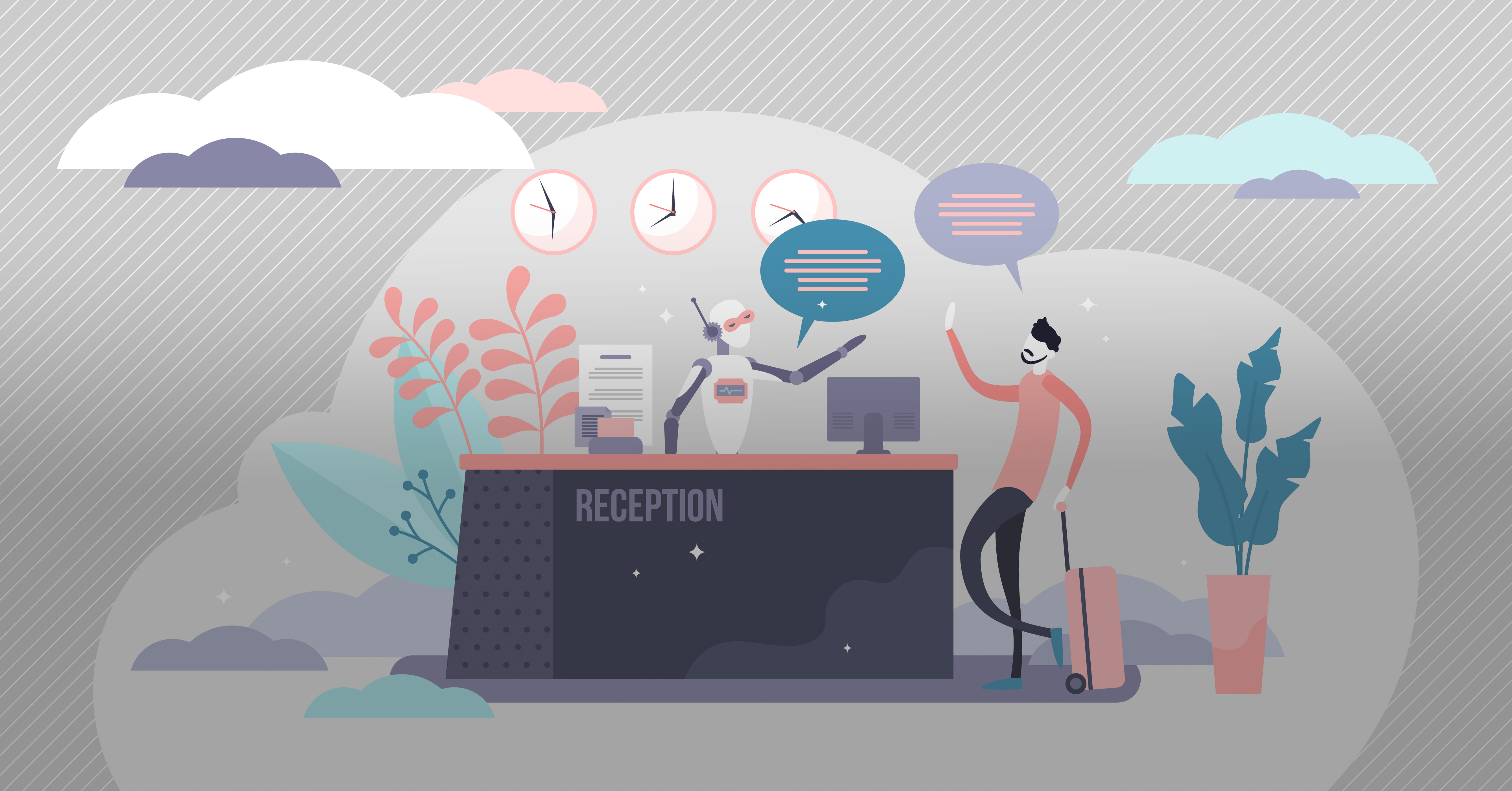 Simple Illustration eines Roboters und eines Menschen, die vor einer Rezeption stehen und sich unterhalten.