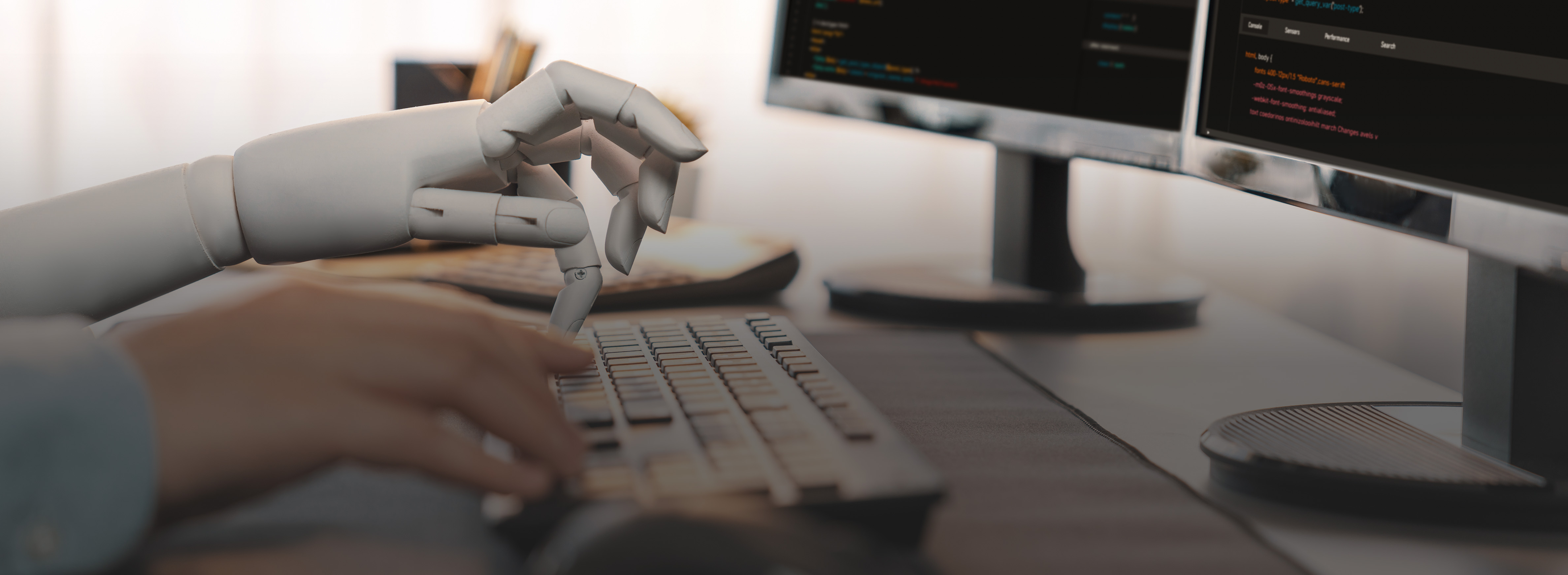 Menschenhand und Roboterhand tippen auf einer Tastatur auf einem Schreibtisch. Davor zwei Computerbildschirme.