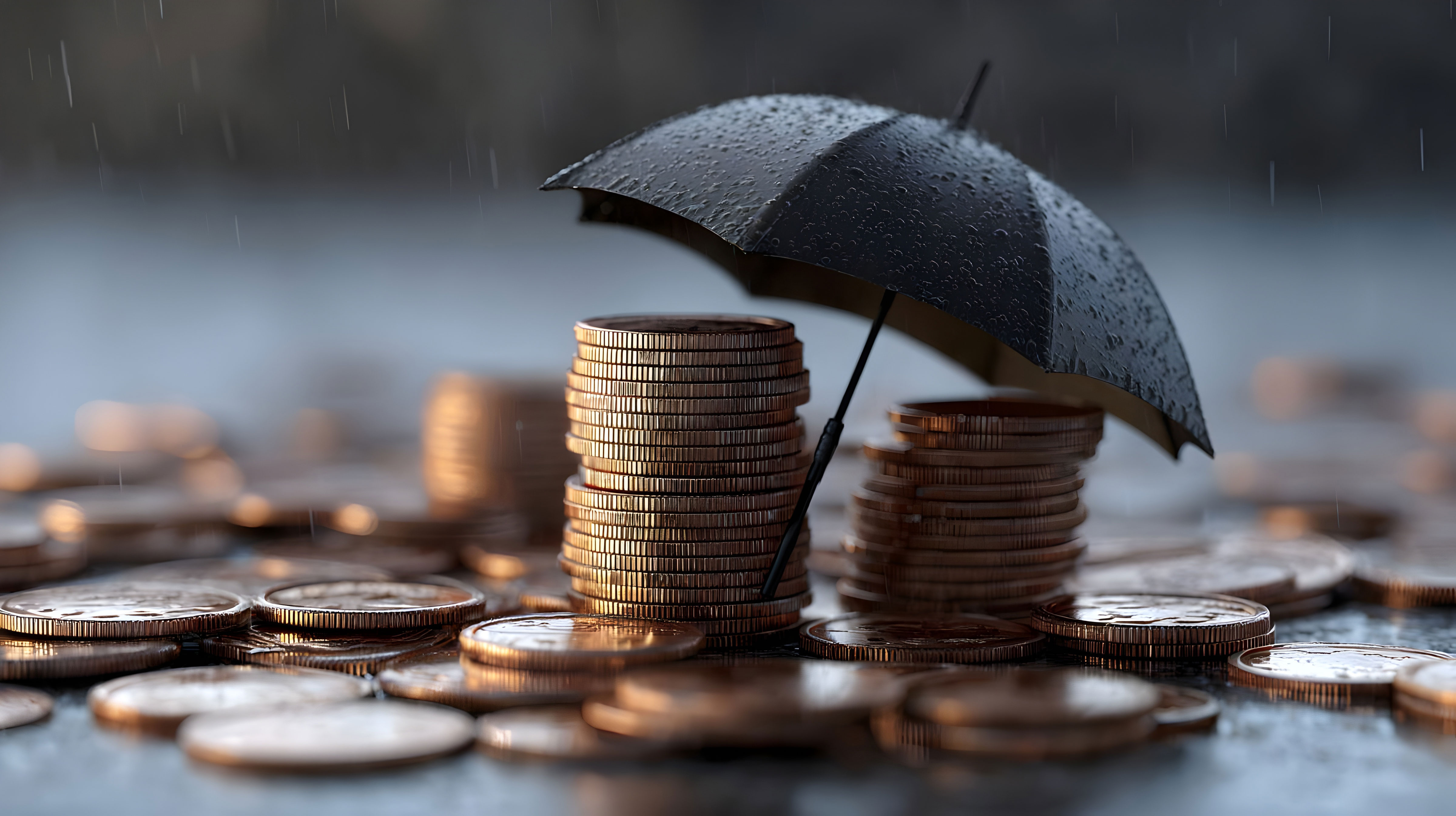 Münzen Unter Einem Regenschirm vor einem regnerischen Hintergrund