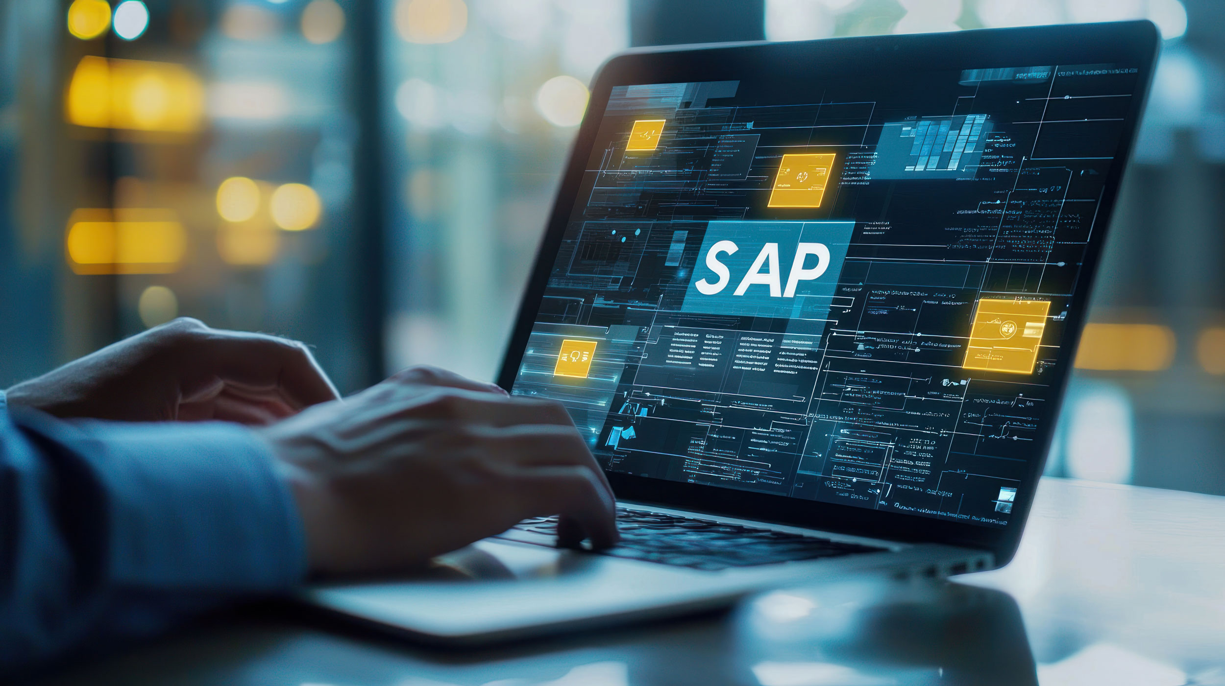 Bei einem Laptop steht am Bildschirm "SAP". 