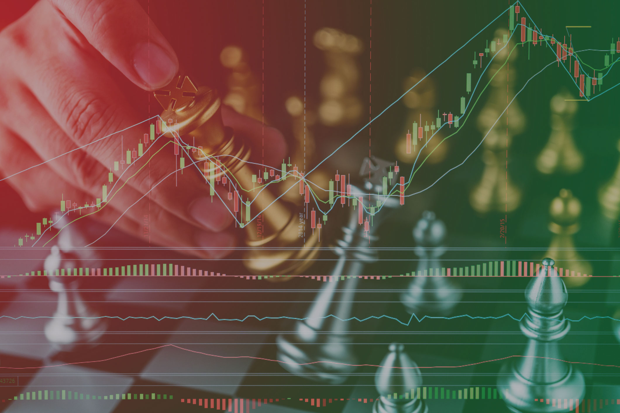 Schchfiguren werden bei einem Schachspiel umgeworfen. Im Vordergrund sind Finanzcharts abgebildet.