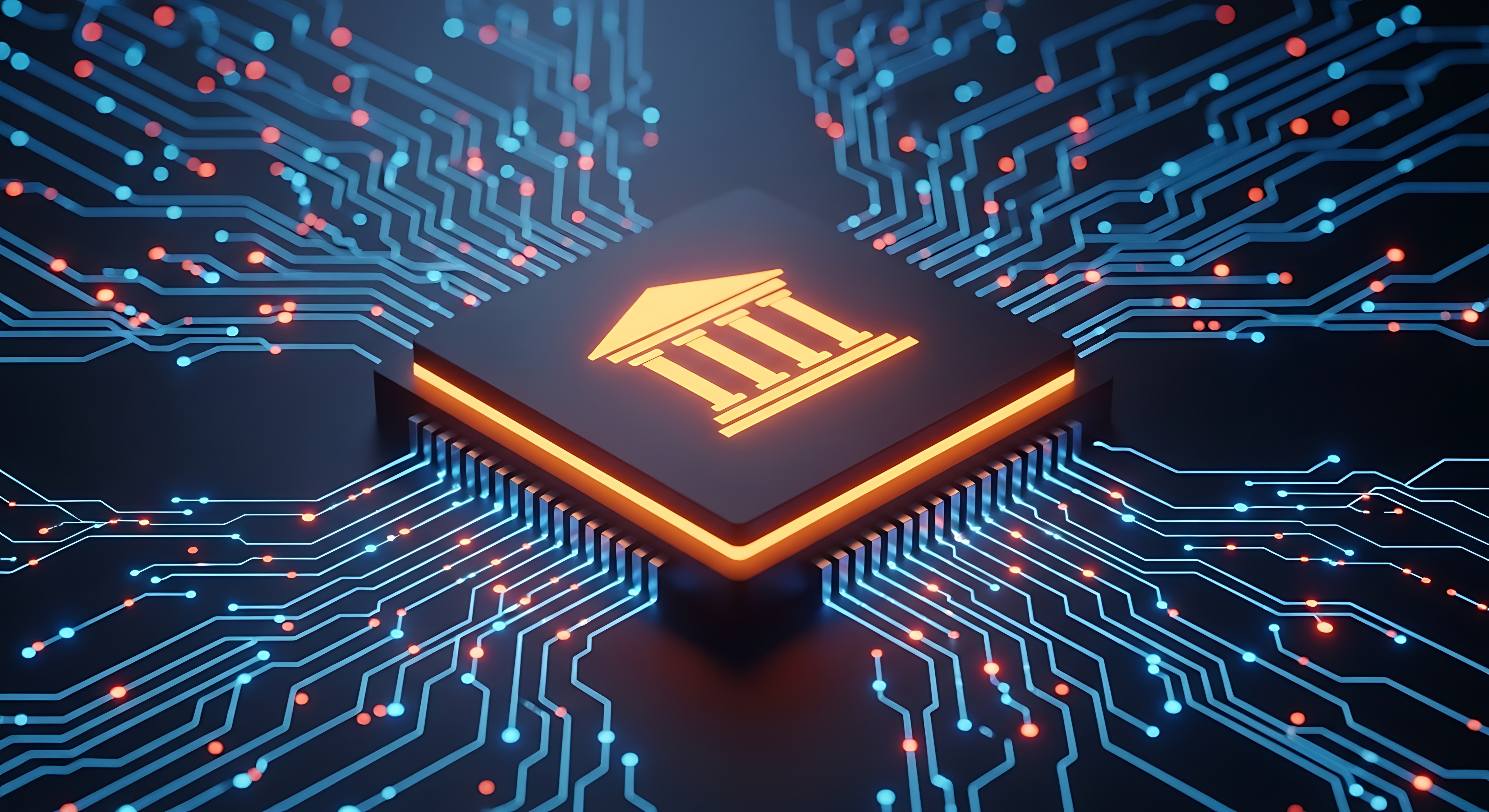 Bankgebaeude Auf Einem Datenchip mit Linien aus Daten