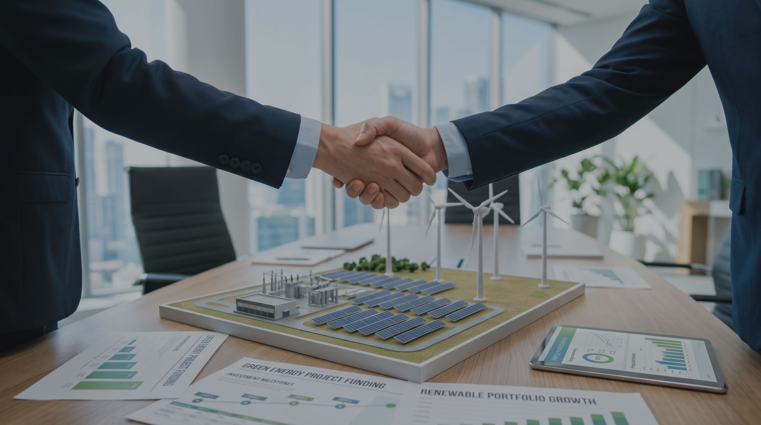 Auf einem Meetingtisch steht ein Modell von einem Energiesystem. Darüber schütteln sich 2 Businessmänner die Hand.