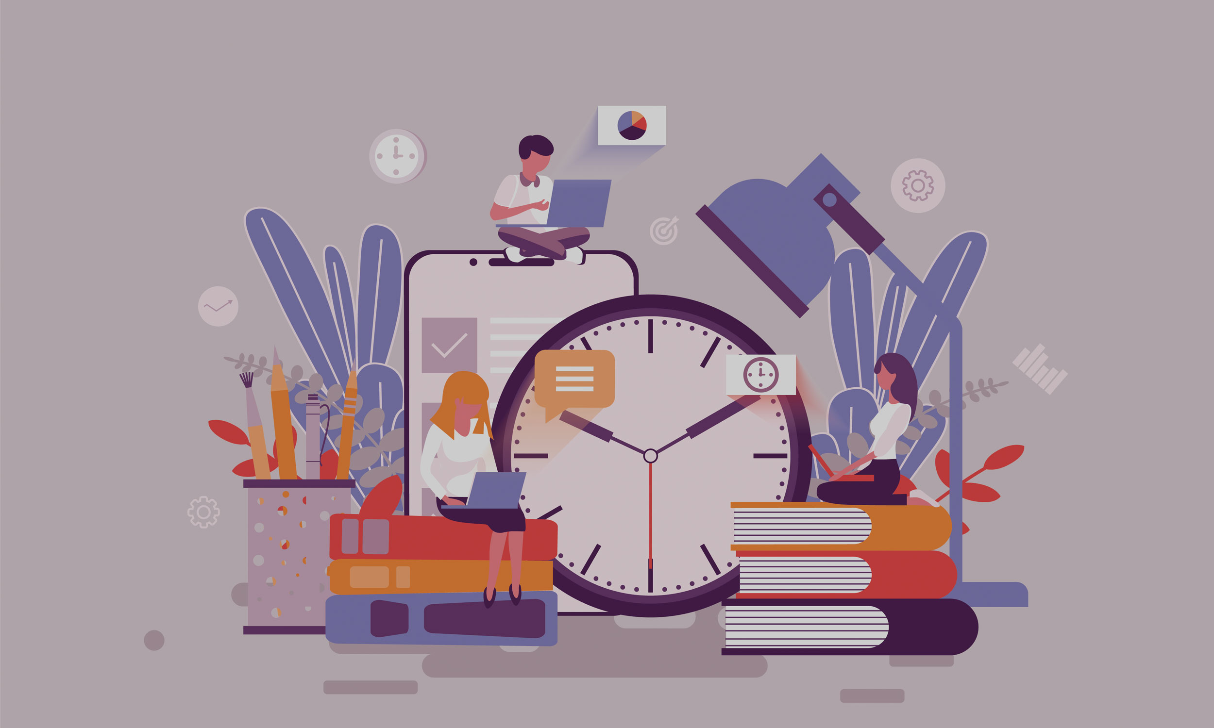 Illustriertes Office Setting: Office Mitarbeiterinnen arbeiten am Lapto, Bücherstapel, Stifte, Checklisten und eine große Uhr im Zentrum.