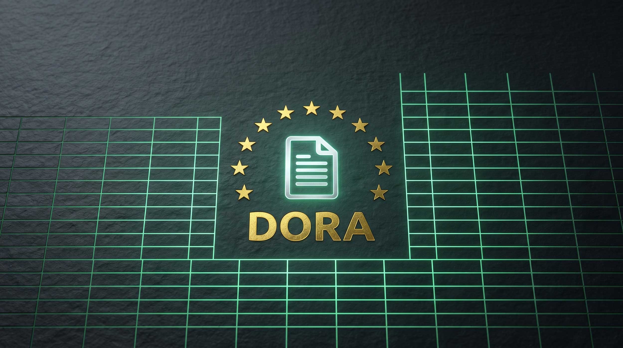 In der Mitte steht ein goldener Schriftzug mit dem Wort "DORA", darüber befindet sich ein Dokument-Icon.
