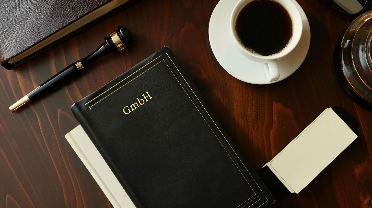 Schreibtisch mit einem GmbH Buch, Kaffee und Kugelschreiber darauf