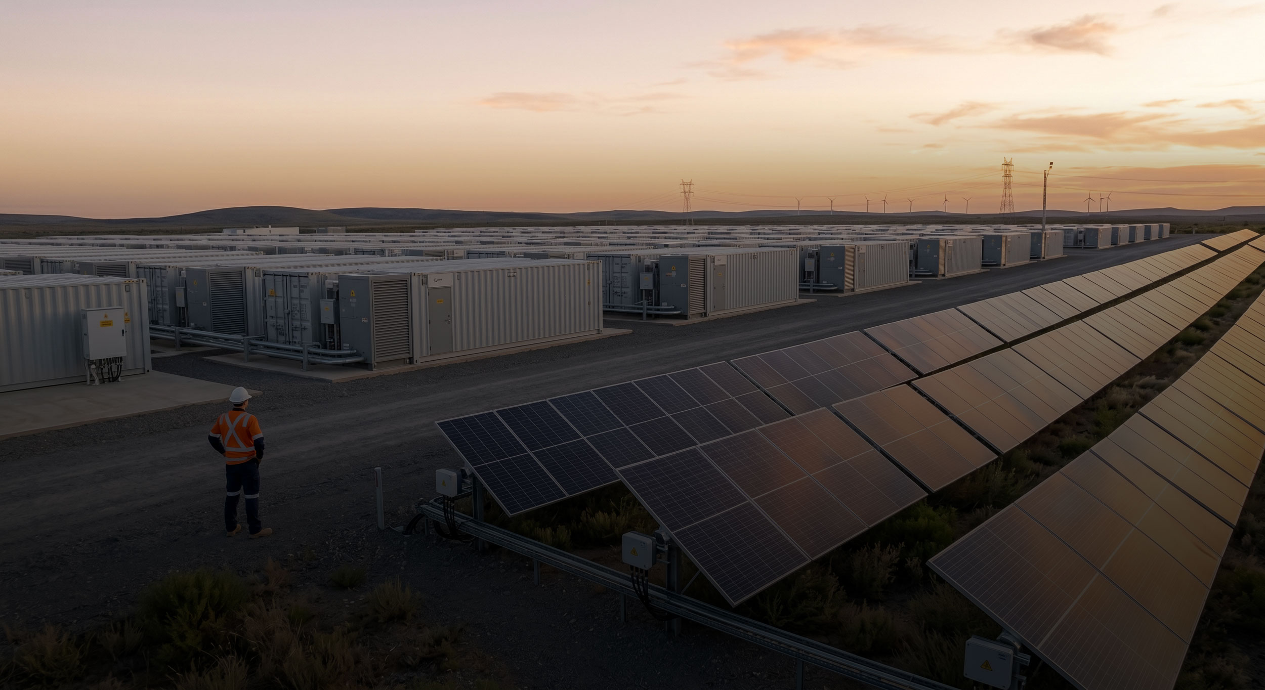 Ingenieur vor einer riesigen industriellen Solarstrom-Speicheranlage