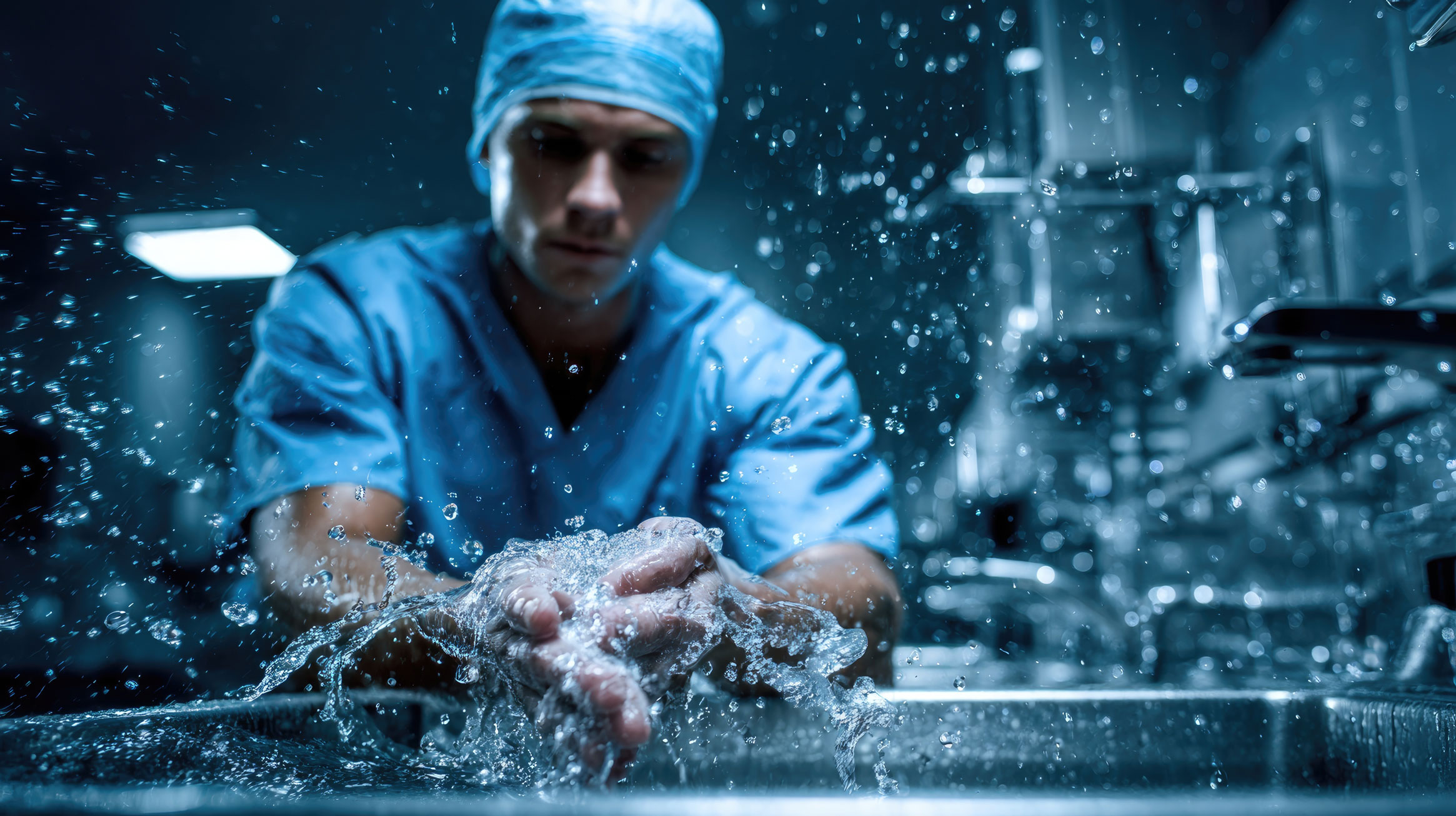 Chirurg wäscht sich die Hände in einem sterilen Raum. Wassertropfen spritzen überall hin