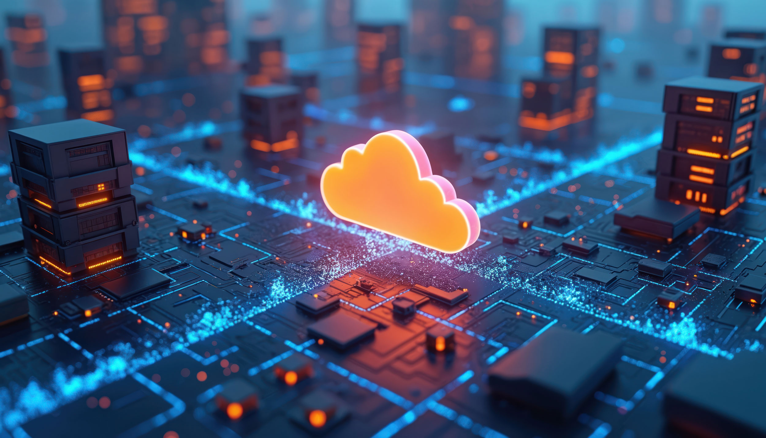 Über einem futuristischen Datennetz schwebt eine orangene Cloud-Wolke. 