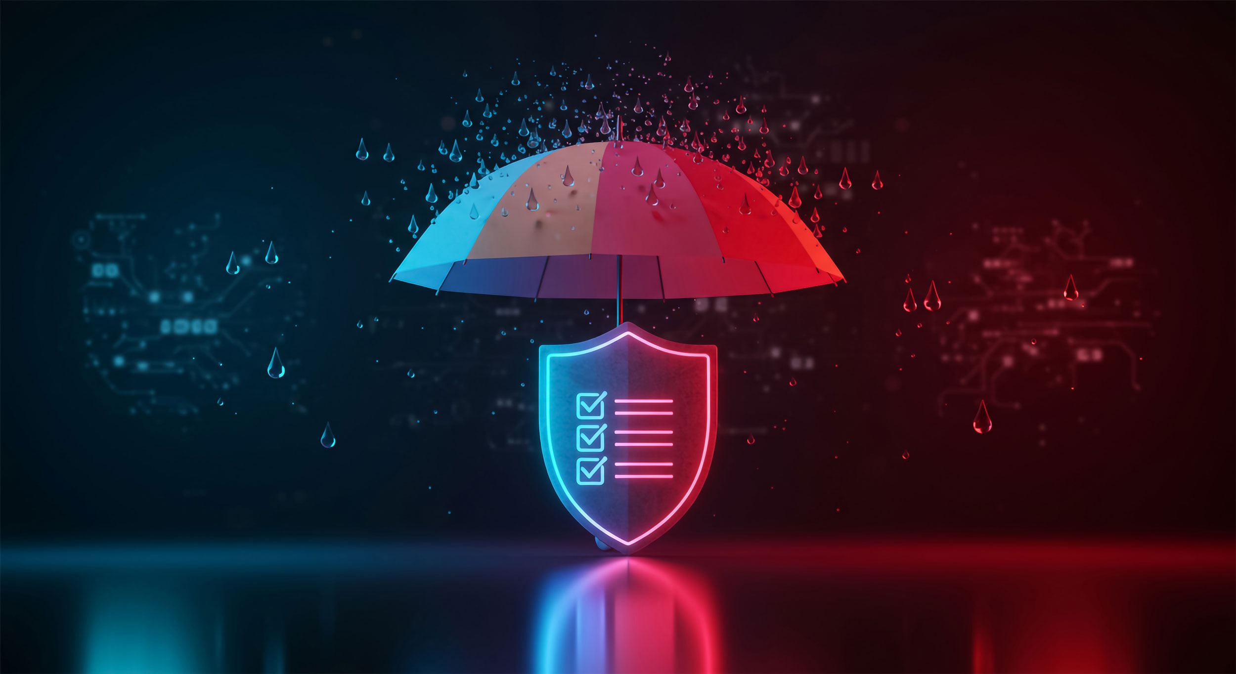 Ein Schutzschild einer abgehackten Checkliste unter einem Regenschirm auf den es regnet.