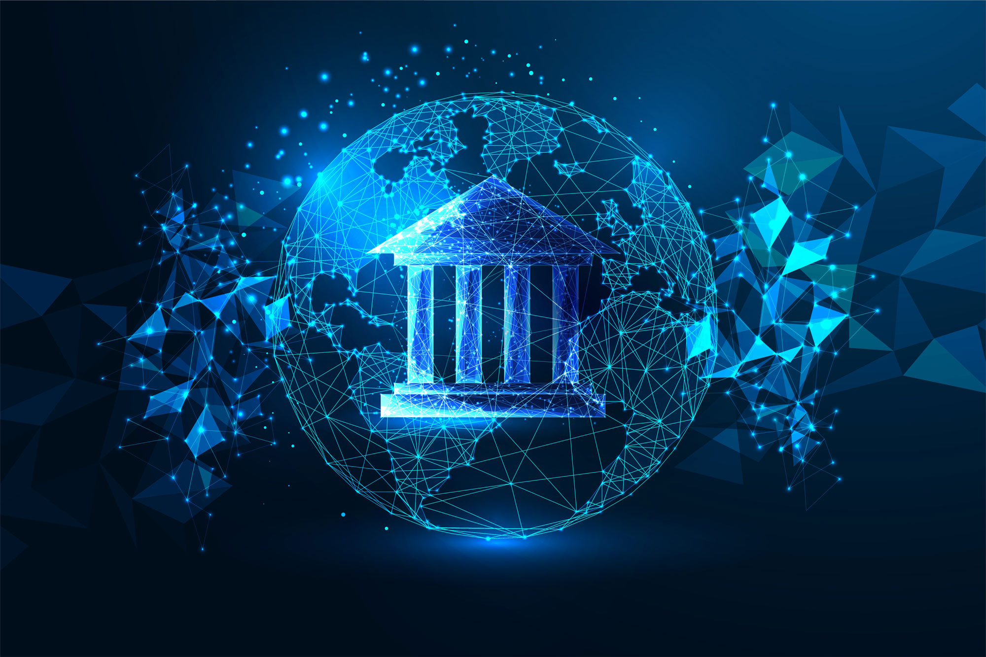Illustration eines Bankgebäudes in blau, umgeben von einem Netz Datenströmen