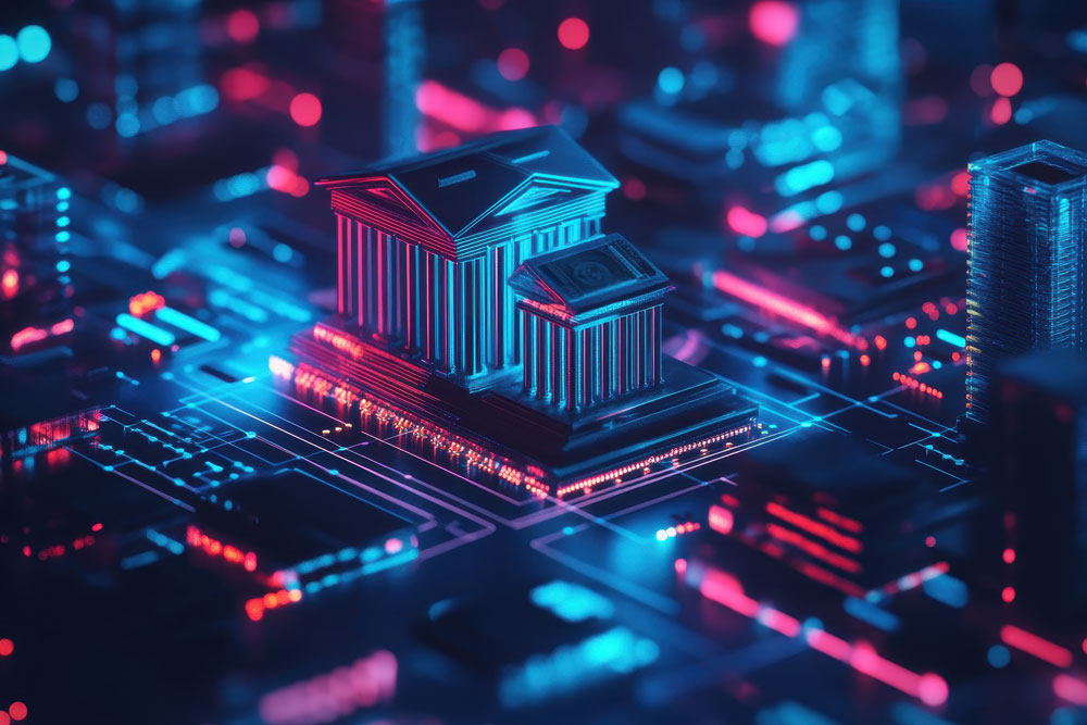 Futuristische Illustration eines klassischen Bankgebäudes mit Säulen, umgeben von leuchtenden, digitalen Netzwerken.