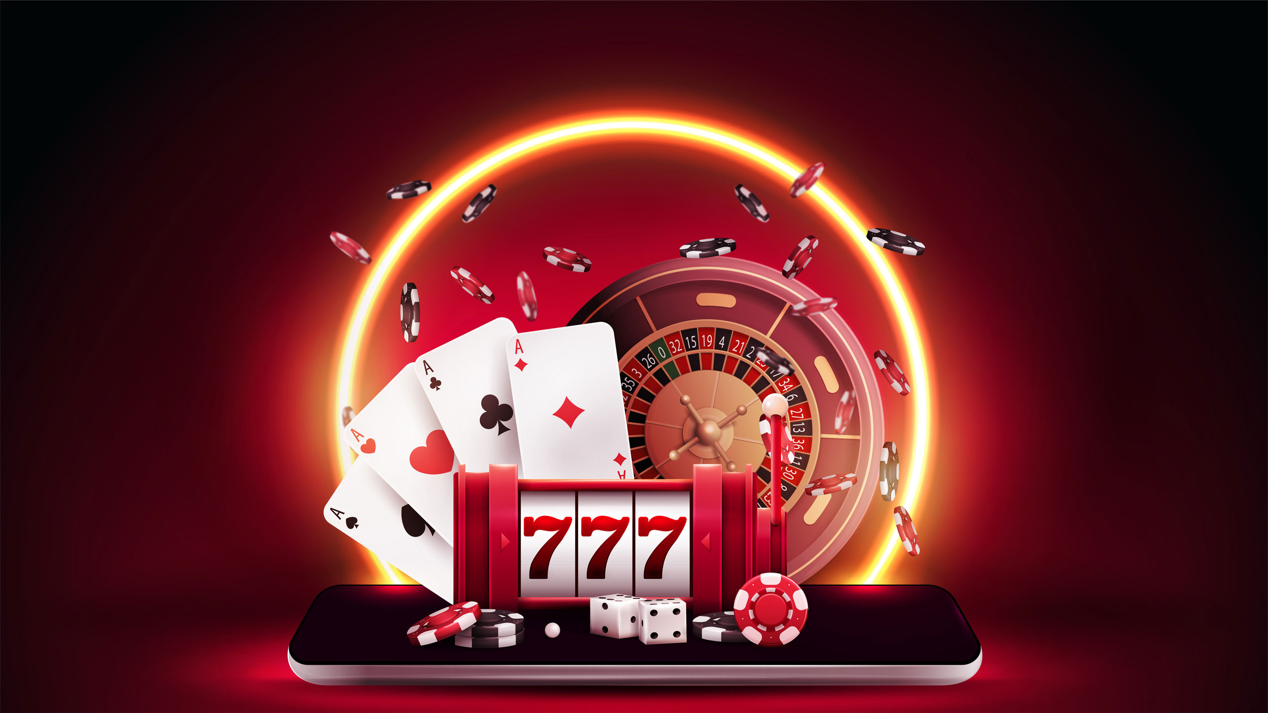Handy mit Spielkarten, Roulette, Chips und Würfel