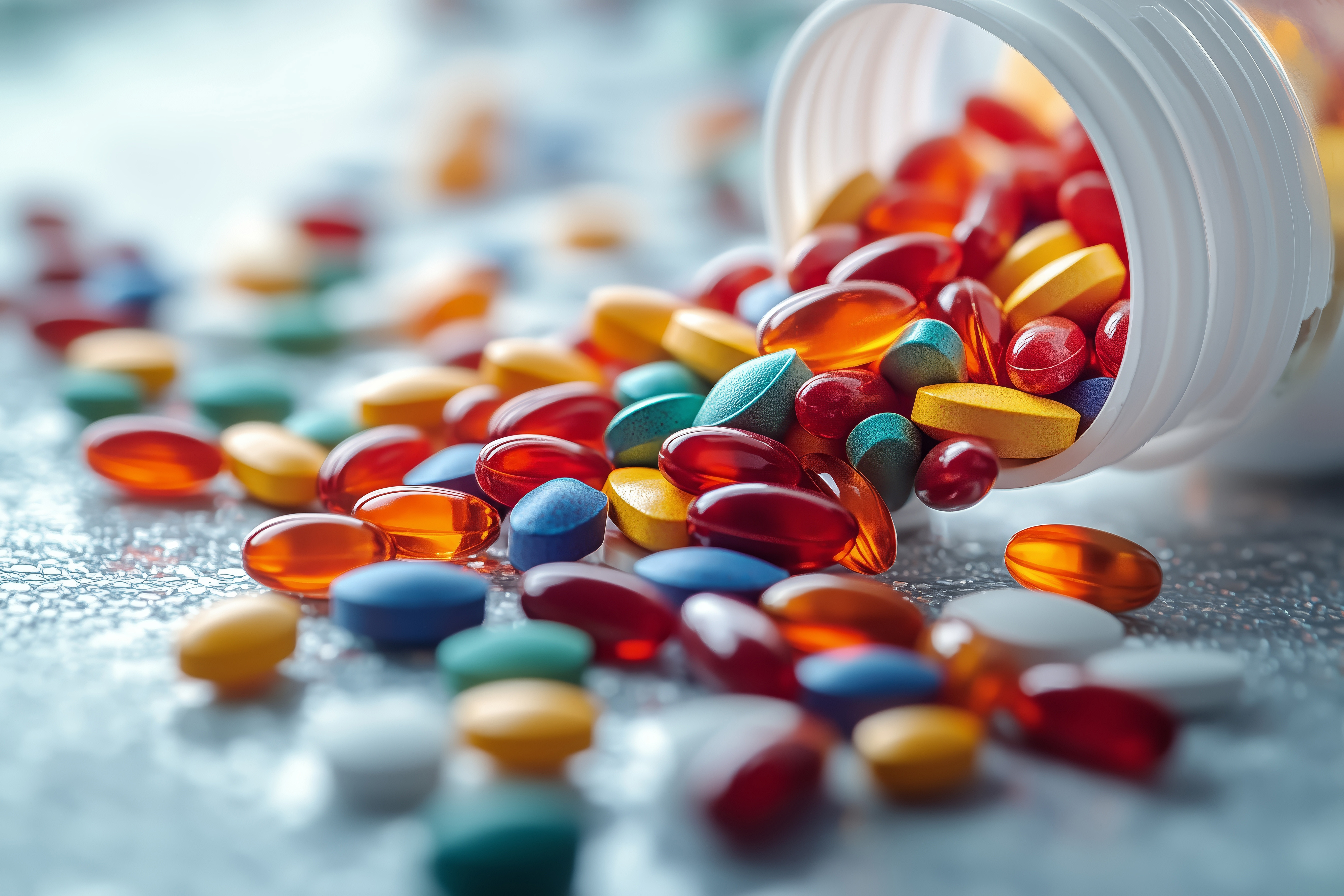 Tabletten, die aus einer Dose fallen auf hellem Untergrund