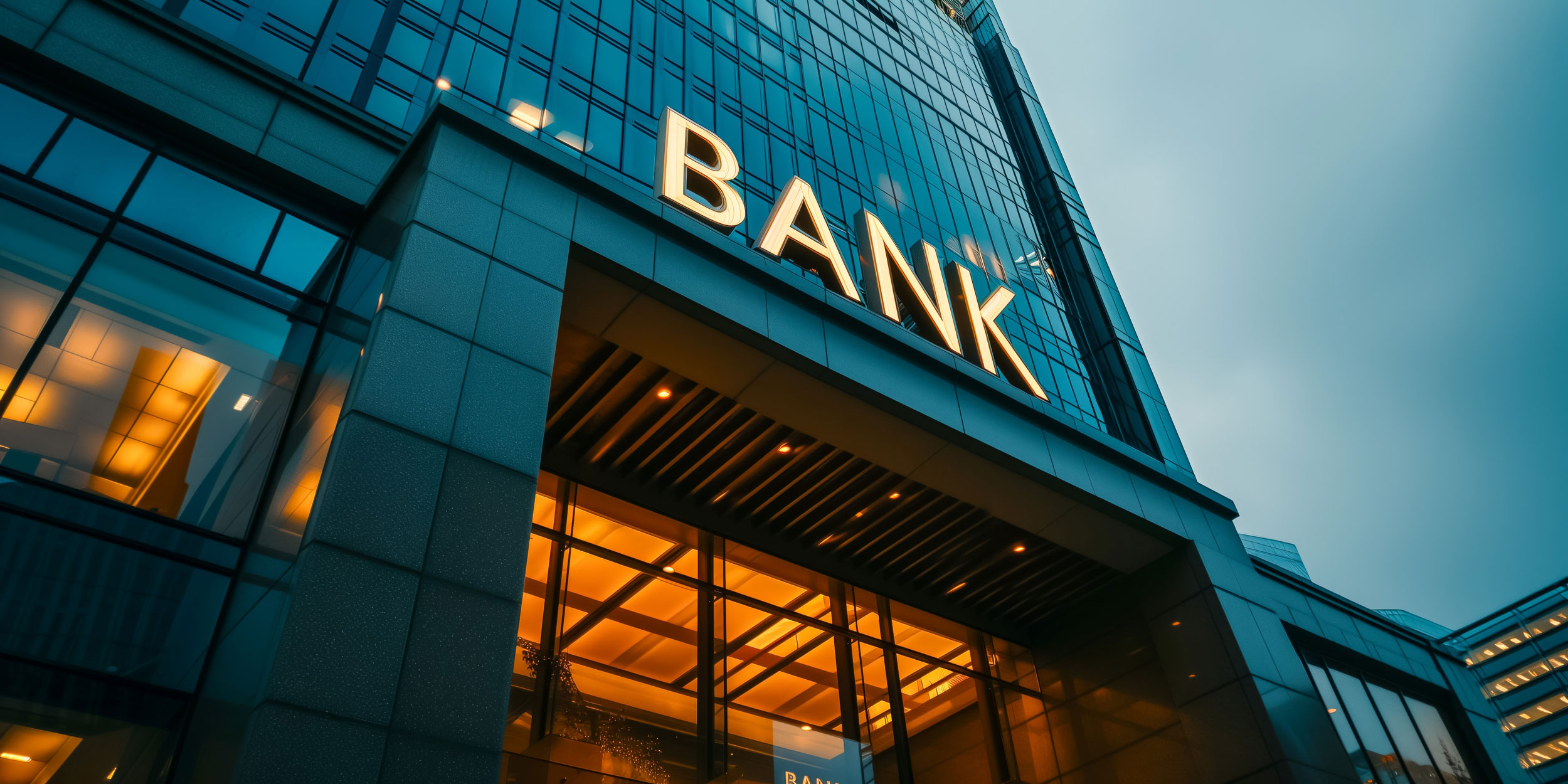 Ein großes Gebäude mit dem Schriftzug „BANK“ über dem hell erleuchteten Eingangsbereich.
