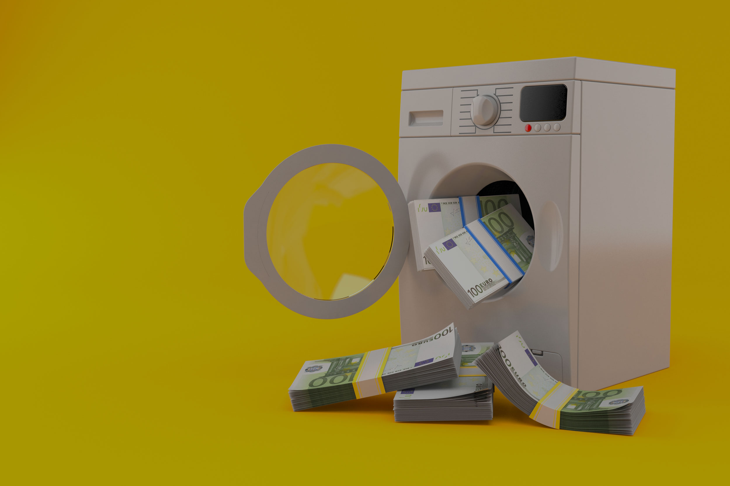 Eine Grafik einer Waschmaschine in und vor der Geldscheinbündel liegen.