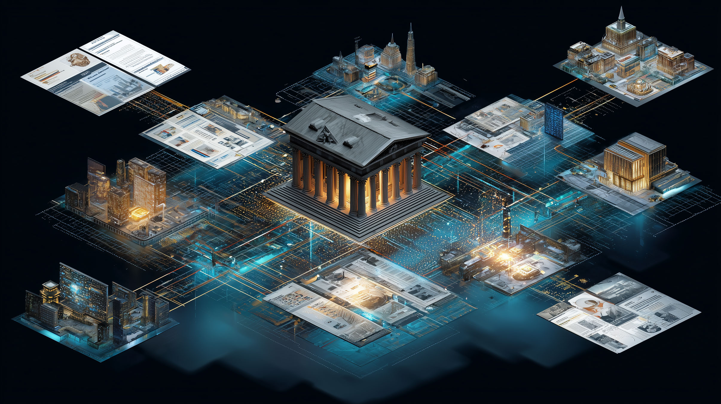 In der Mitte befindet sich ein Bankgebaeude und rund herum sind digitale Netzwerke.