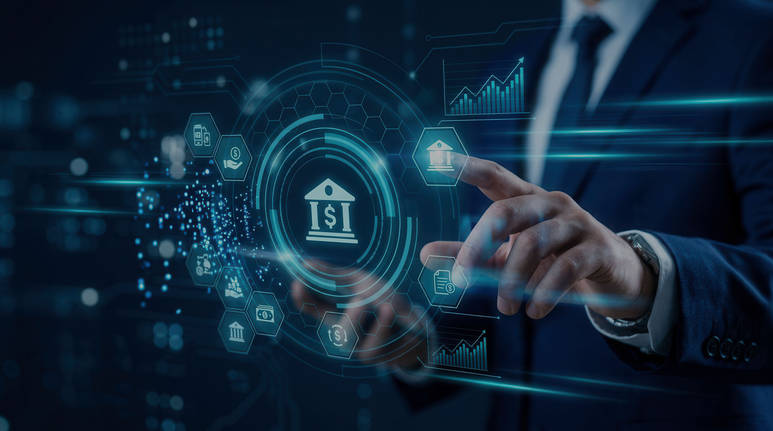 Ein Businessmann der auf ein Hologramm mit Finanzsymbolen zeigt.