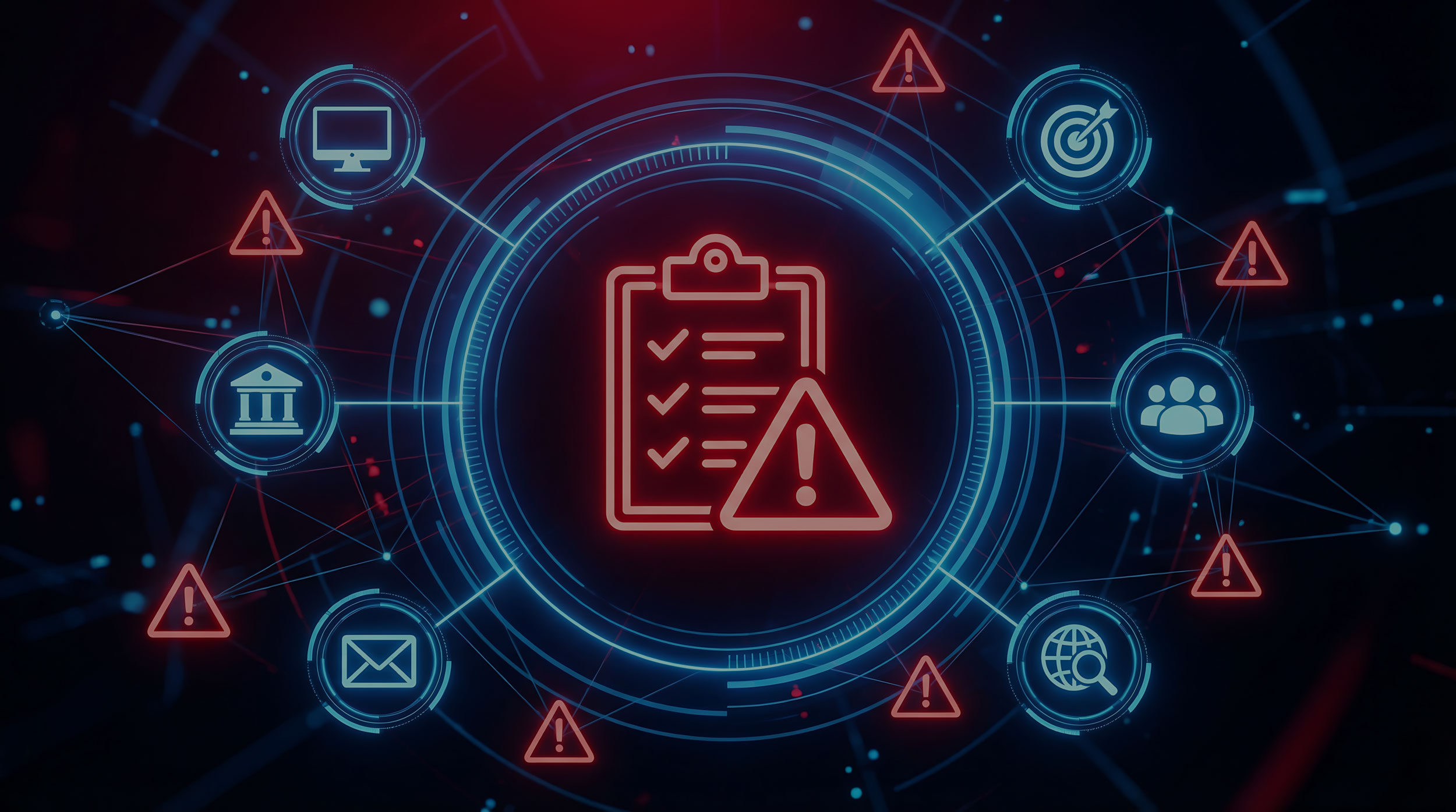 Das Bild zeigt eine digitale Checkliste und Symbole für Computer, Nachrichten und Sicherheit. 