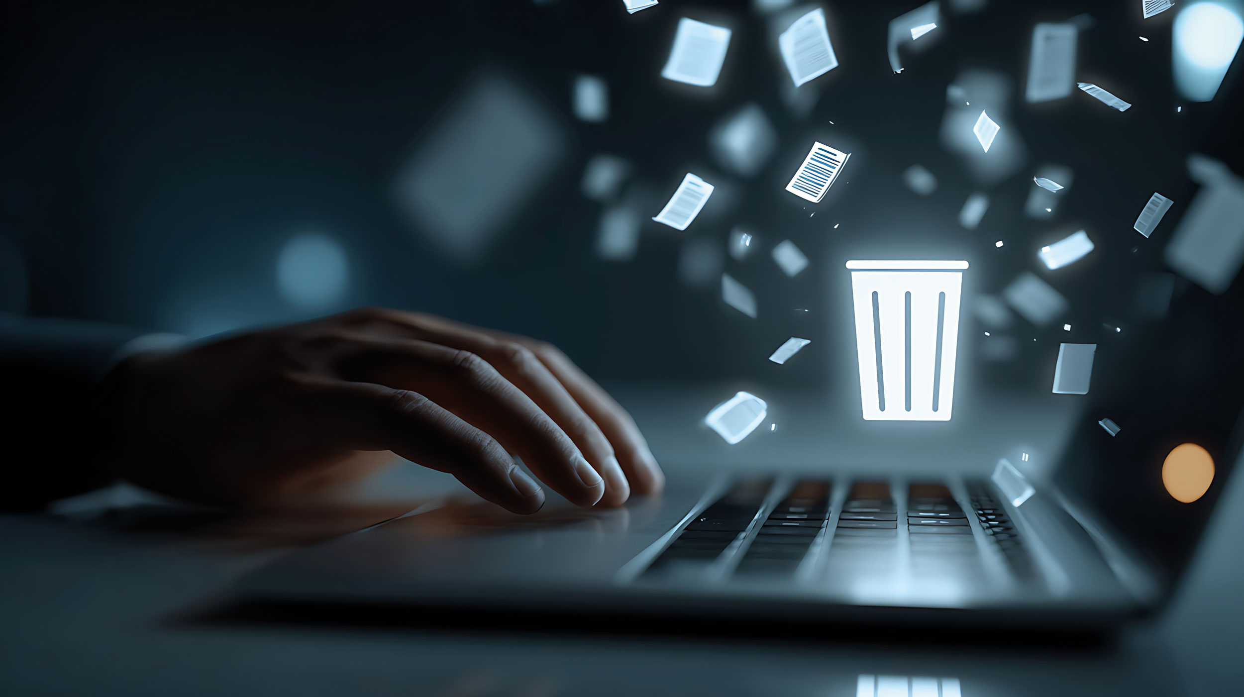 Hand auf Laptop mit virtuellem Papierkorb umgeben von virtuellen Dokumenten