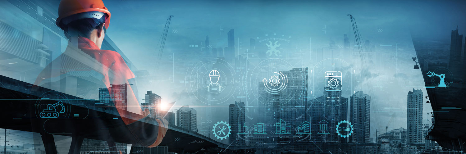 Mann mit Helm und Klemmbrett vor Gebäuden und Brücke umgeben von Icons passend zu Bauprojektmanagement